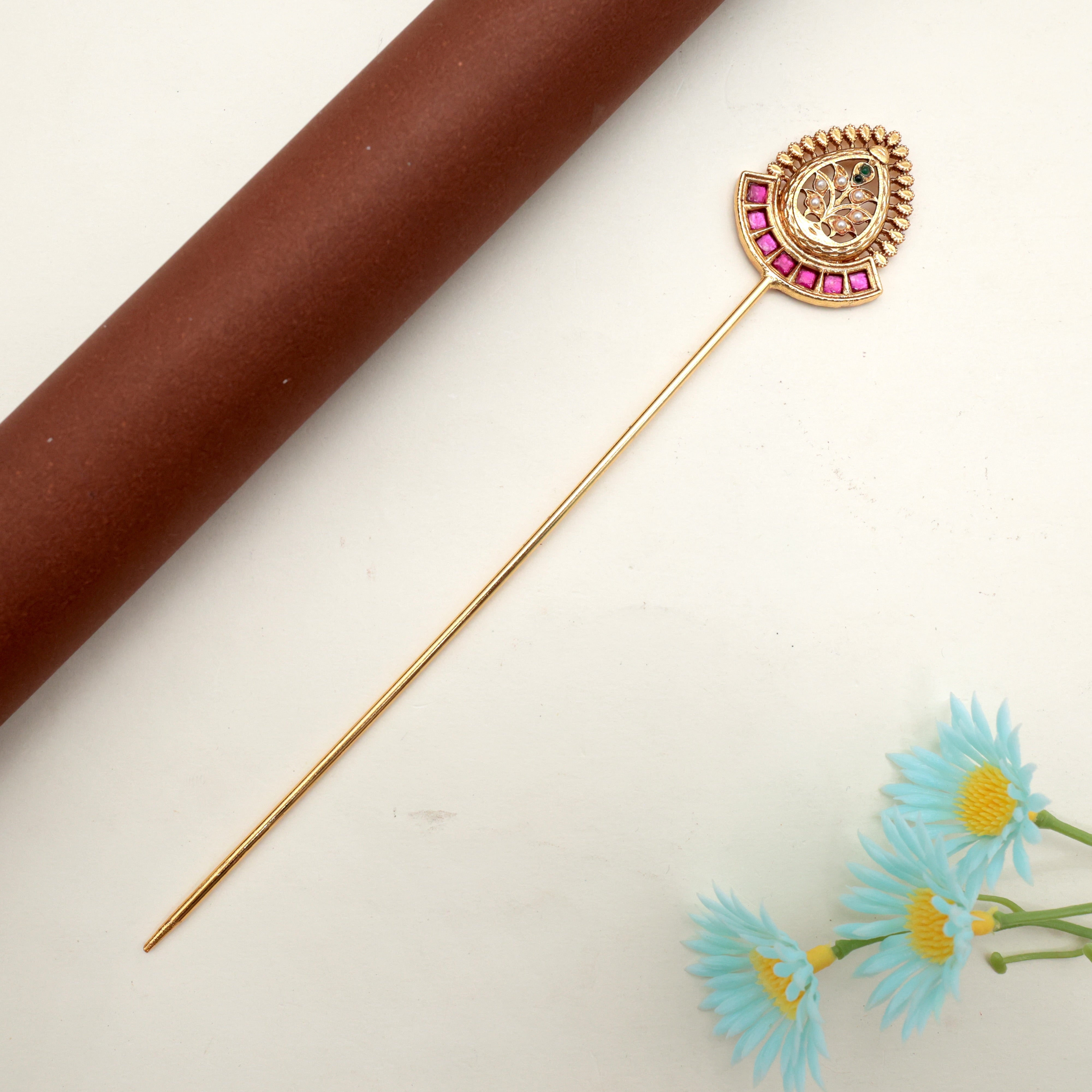 Premium Jadau Kundan Mughal Flower Hair Bun Holder Cage With Juda Stick - Ruby