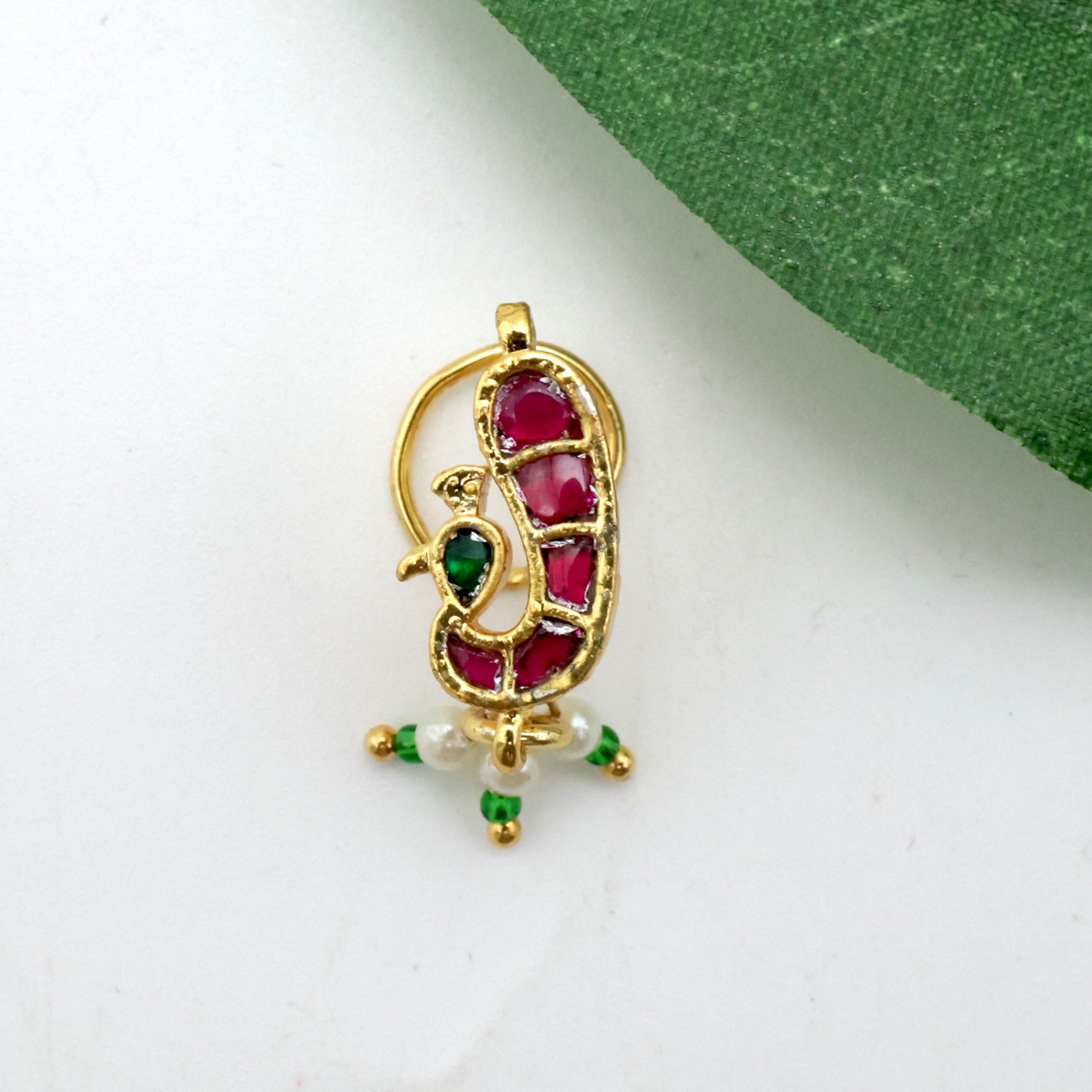Gold Tone Premium Pachi Kundan Peacock Wired Nose Pin/Nath