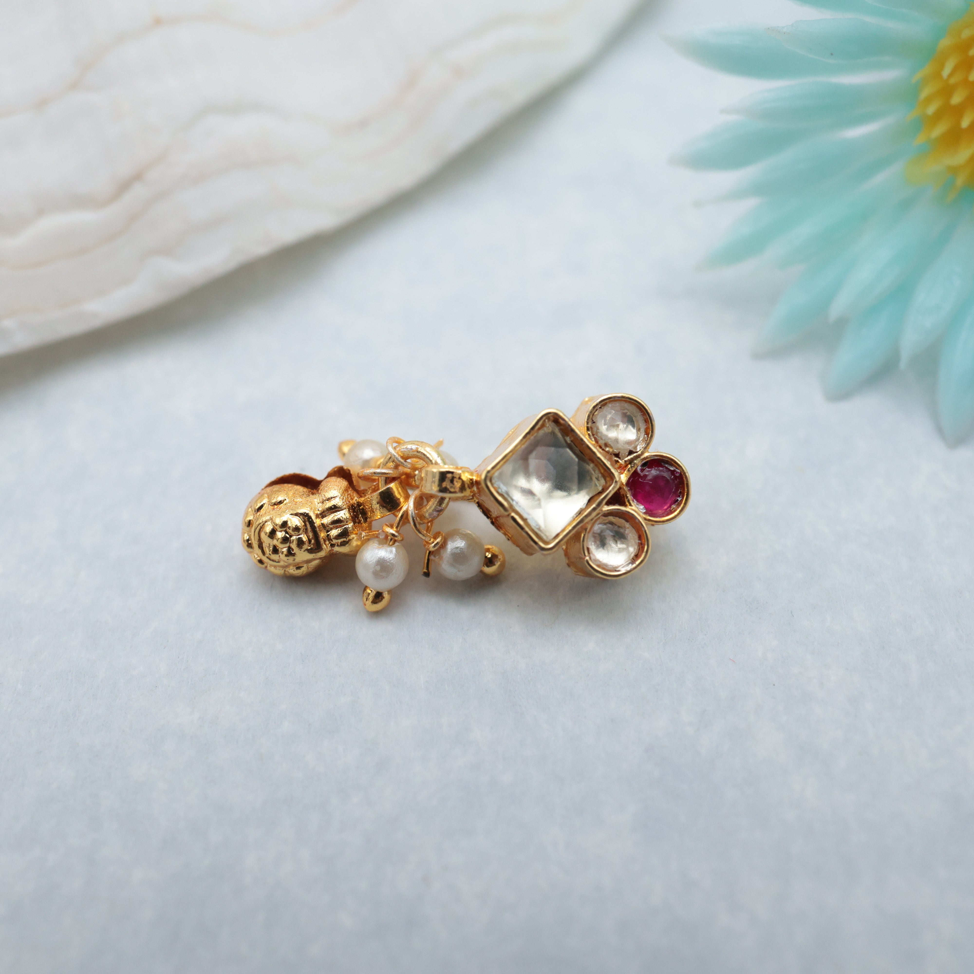 PREMIUM PACHI KUNDAN DIAMOND DOTS BRIDAL CLIP ON NOSE PIN - KUNDAN BRIDAL NOSEPIN