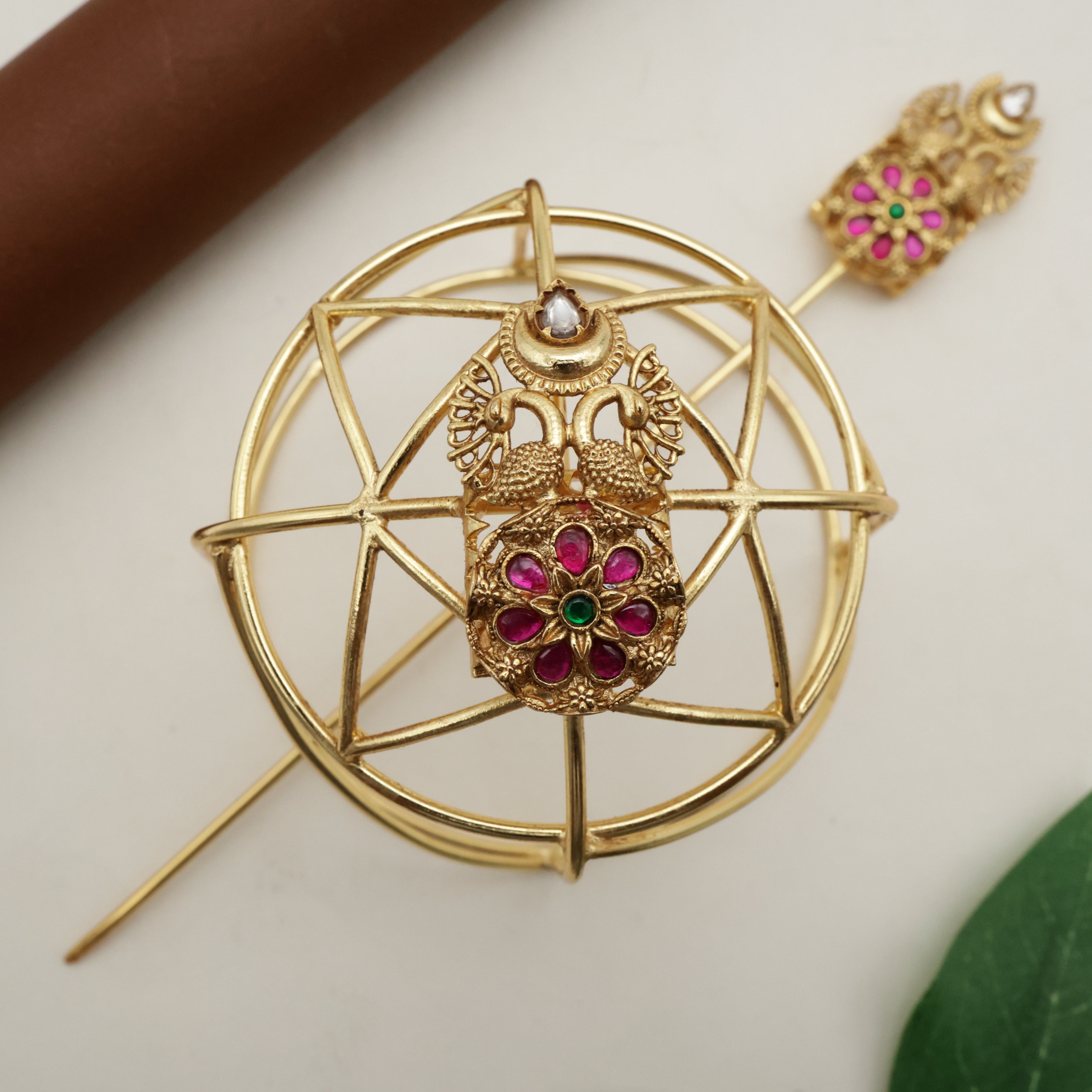 Premium Jadau Kundan Rettapakshi Hair Bun Cage With Juda Stick