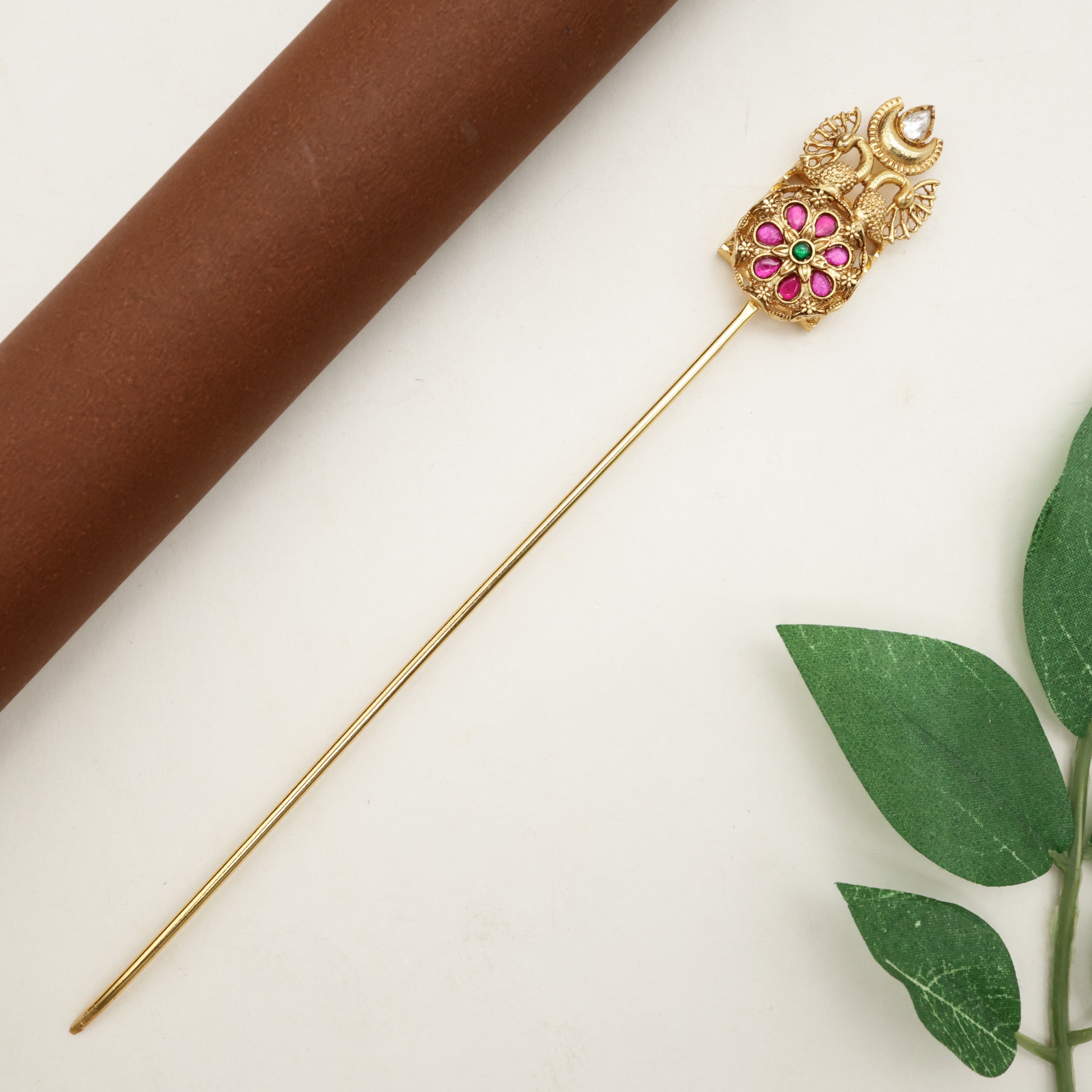 Premium Jadau Kundan Rettapakshi Hair Bun Cage With Juda Stick