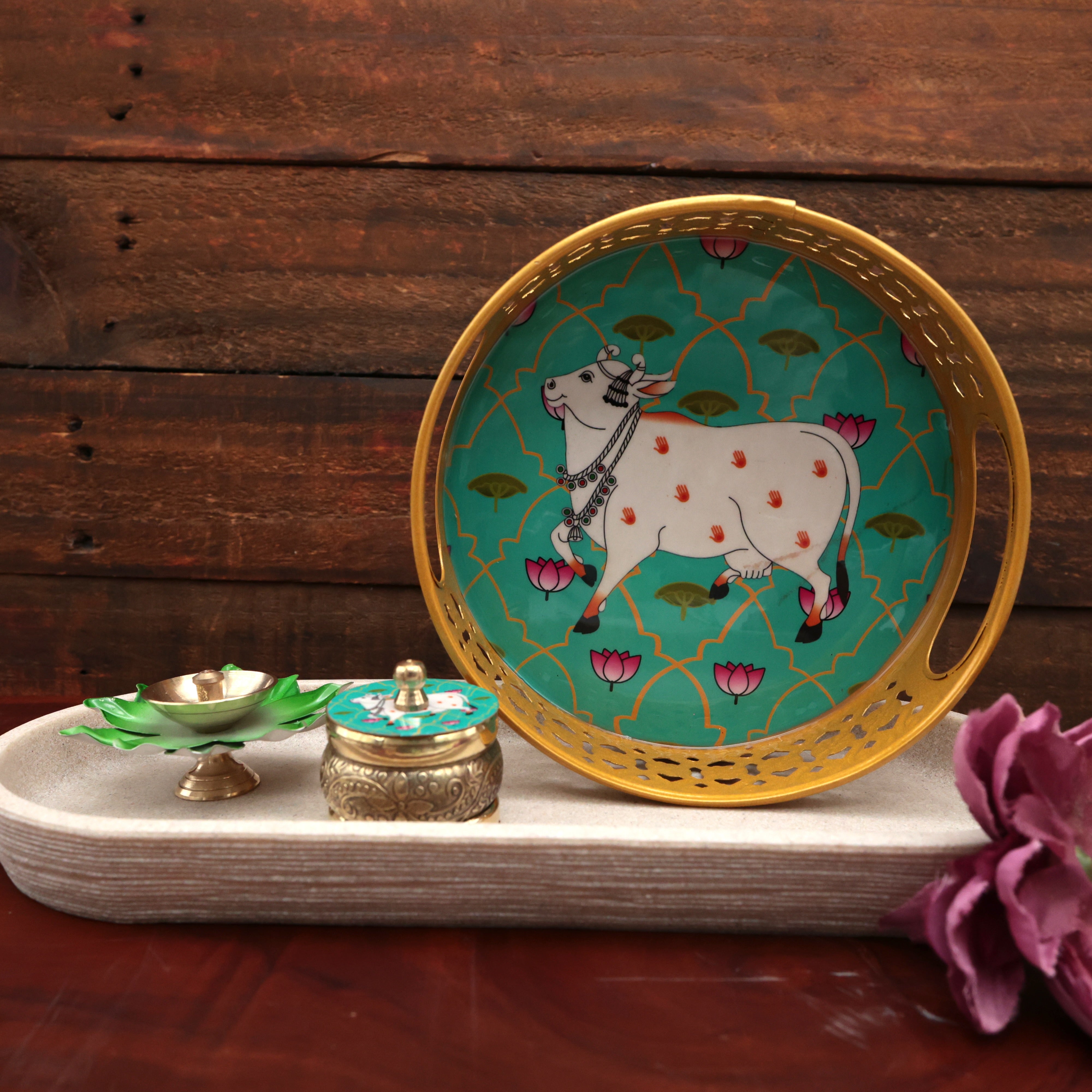 Metal Jhali Work Pichwai Tray Return Gift Combo - Pichwai Tray, Diya, Kumkum Box Combo (Assorted)