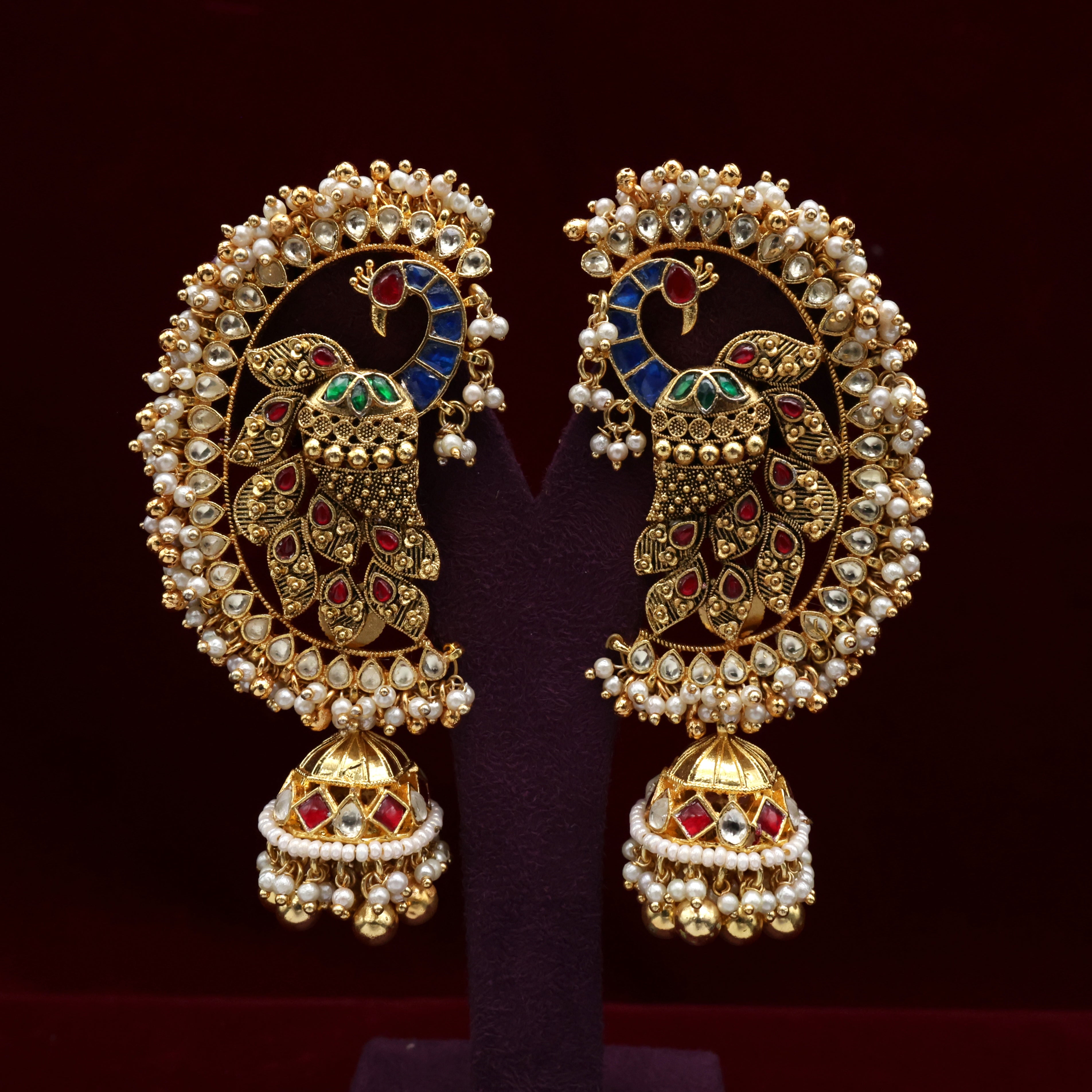Premium Meena Work Pachi Kundan Peacock Bridal Earcuff Jhumkas