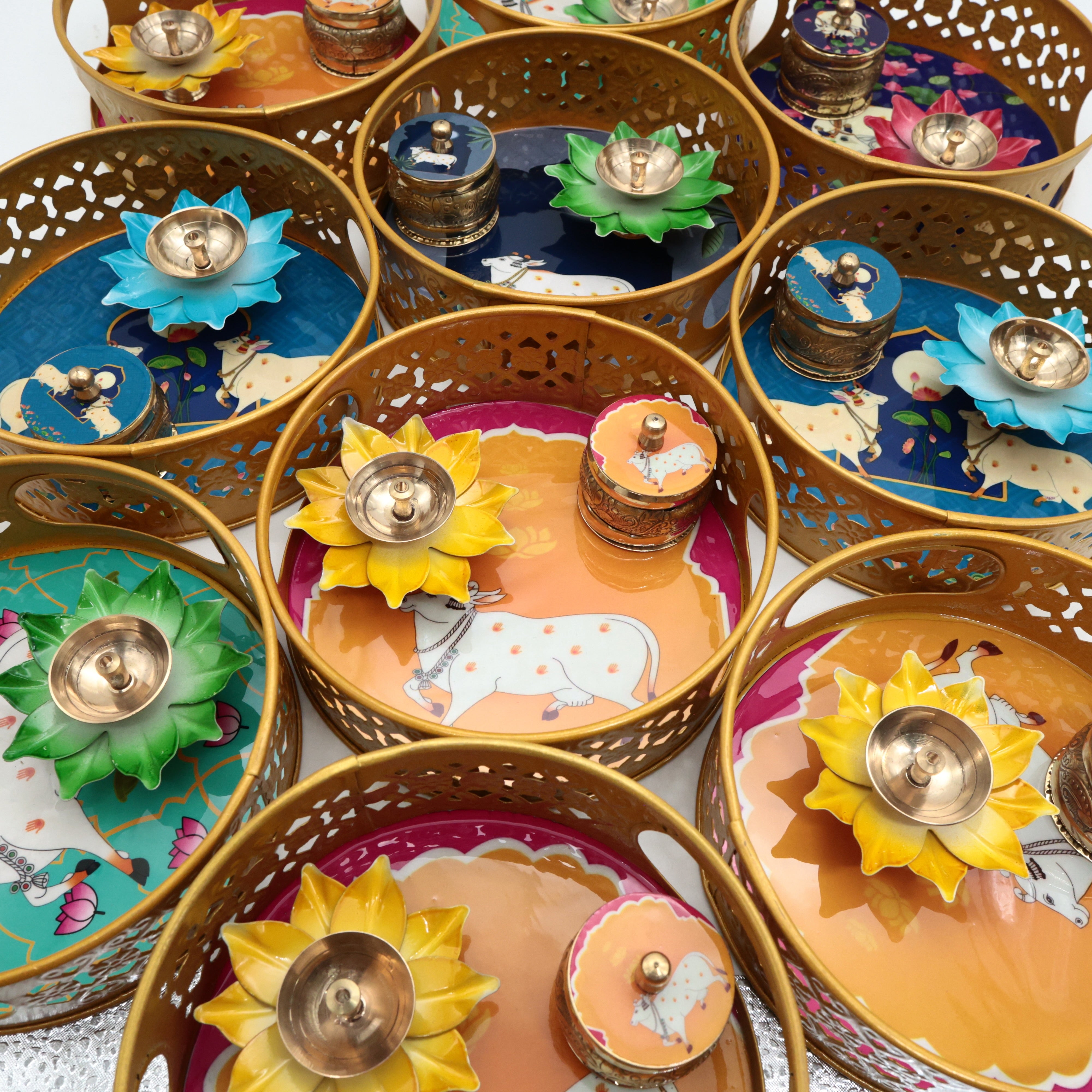 Metal Jhali Work Pichwai Tray Return Gift Combo - Pichwai Tray, Diya, Kumkum Box Combo (Assorted)