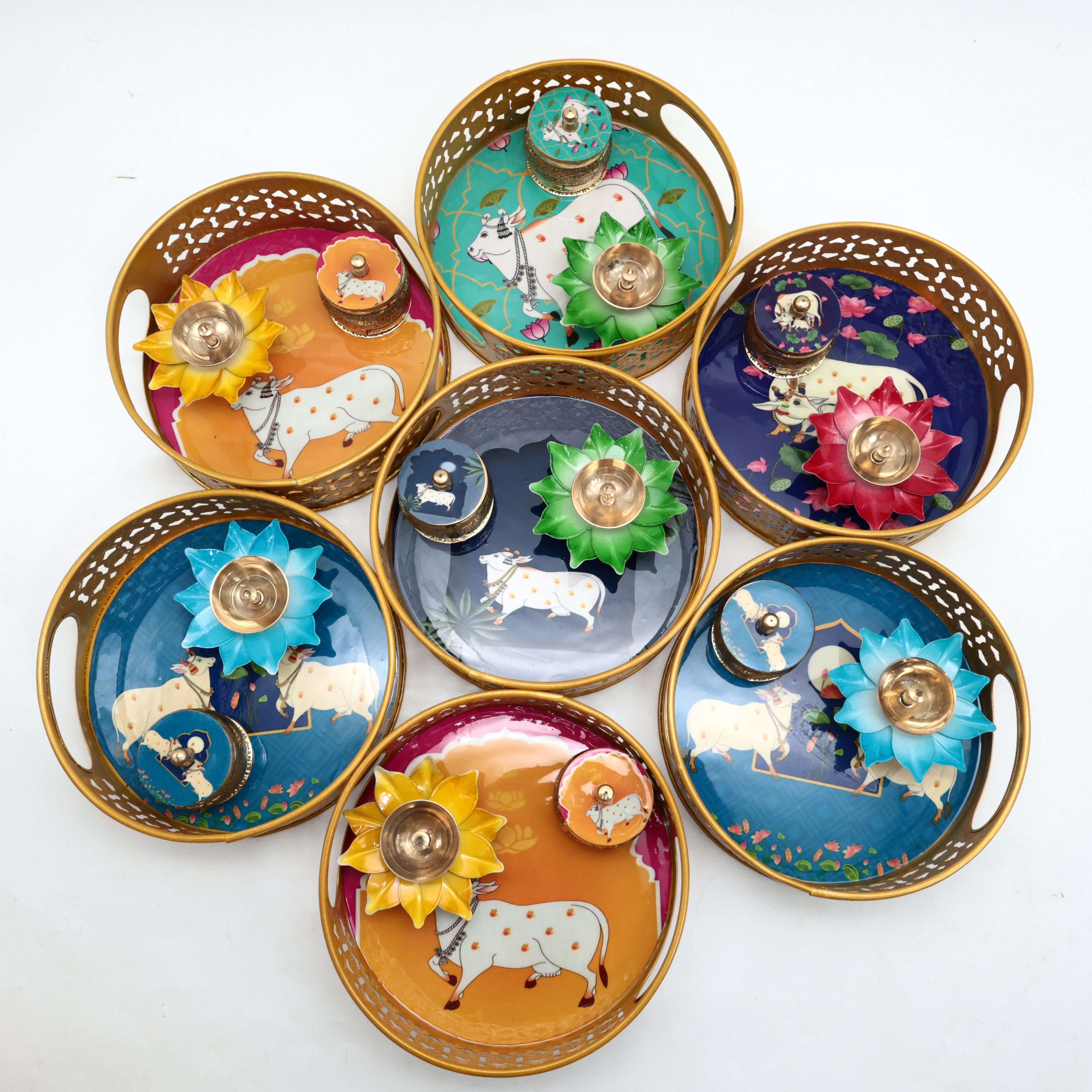 Metal Jhali Work Pichwai Tray Return Gift Combo - Pichwai Tray, Diya, Kumkum Box Combo (Assorted)