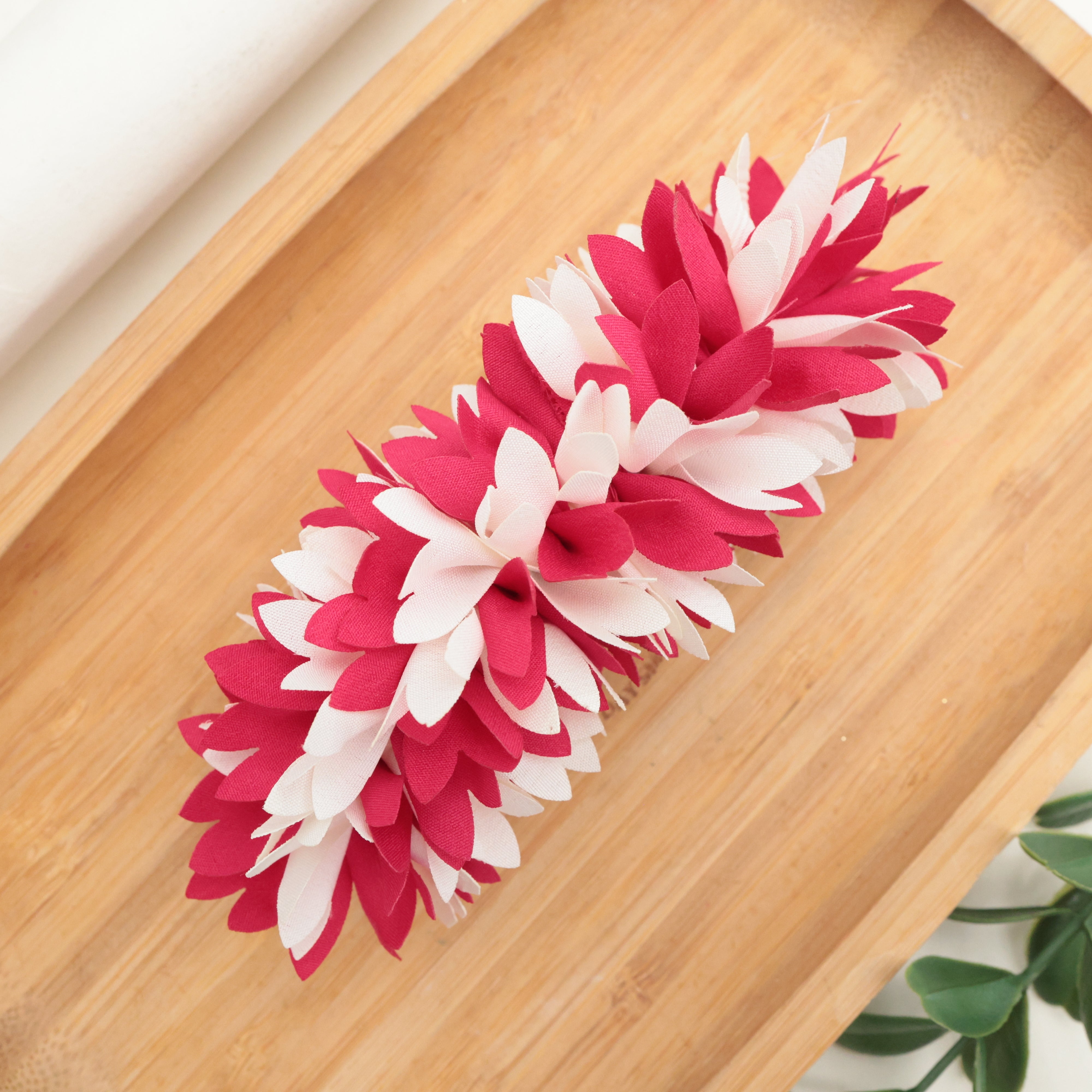 HANDMADE PICHI POO BIG SIZE FRENCH BARRETTE HAIR CLIP FOR WOMEN - RANI PINK & WHITE