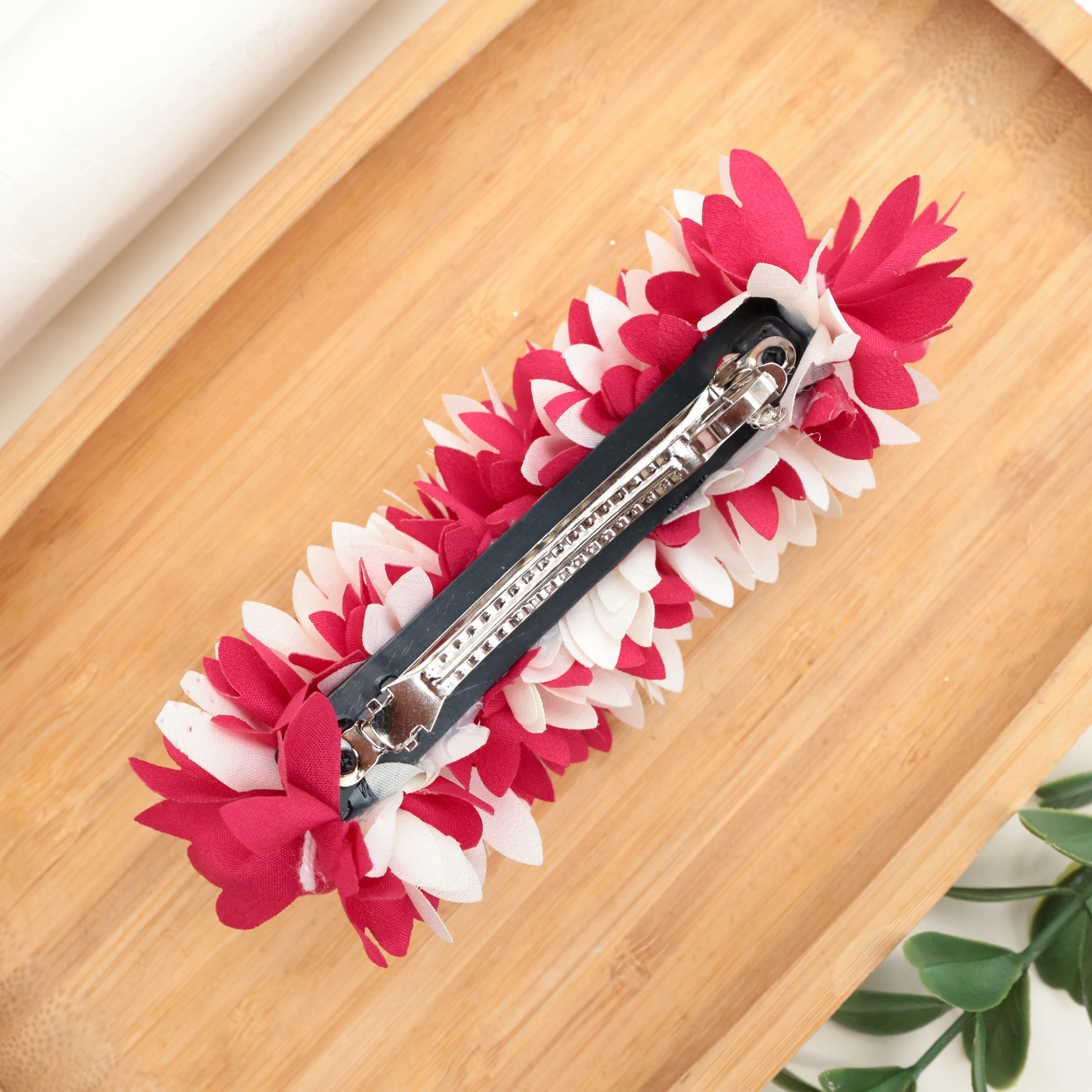 HANDMADE PICHI POO BIG SIZE FRENCH BARRETTE HAIR CLIP FOR WOMEN - RANI PINK & WHITE