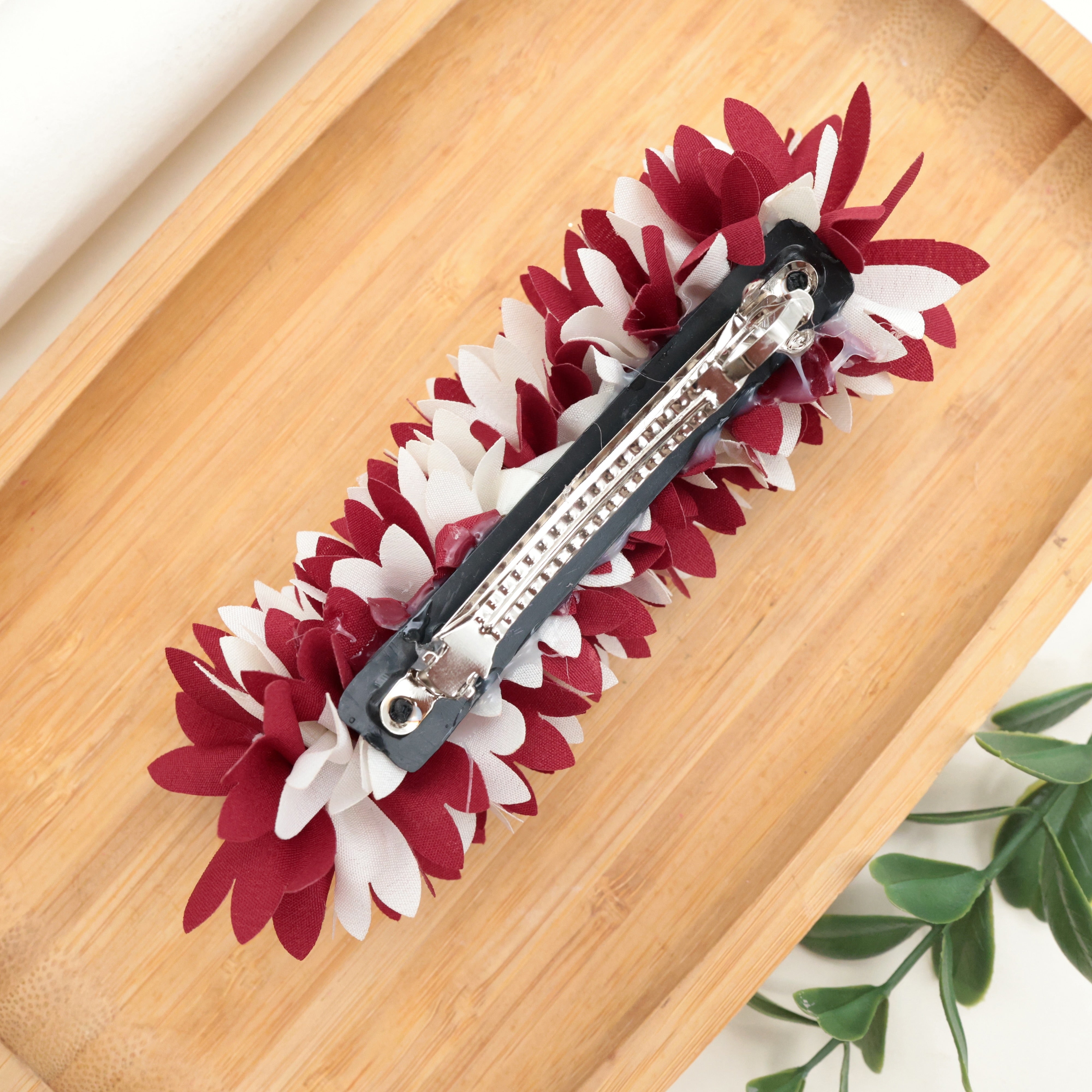 HANDMADE PICHI POO BIG SIZE FRENCH BARRETTE HAIR CLIP FOR WOMEN - MAROON & WHITE