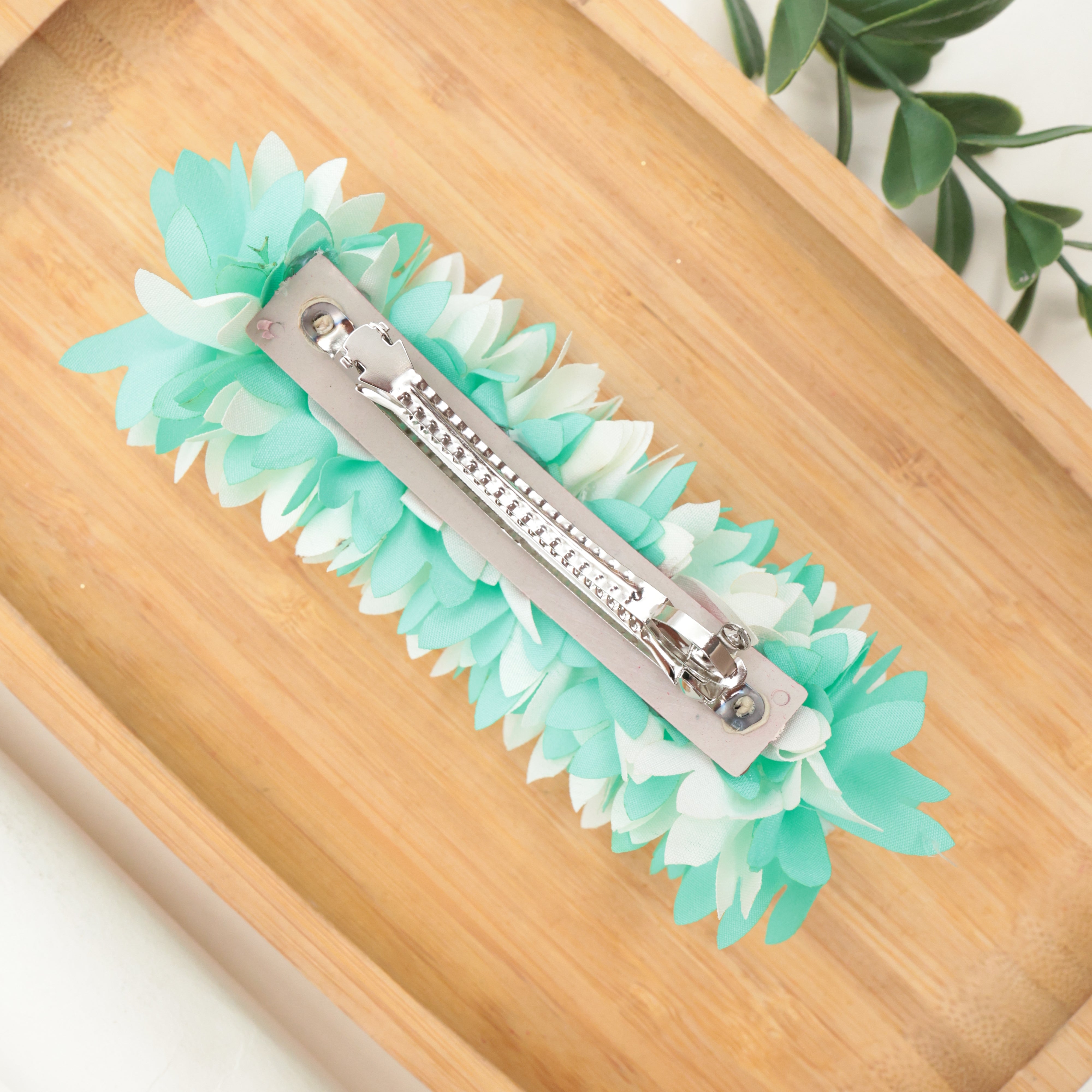 HANDMADE PICHI POO BIG SIZE FRENCH BARRETTE HAIR CLIP FOR WOMEN - ICE BLUE & WHITE