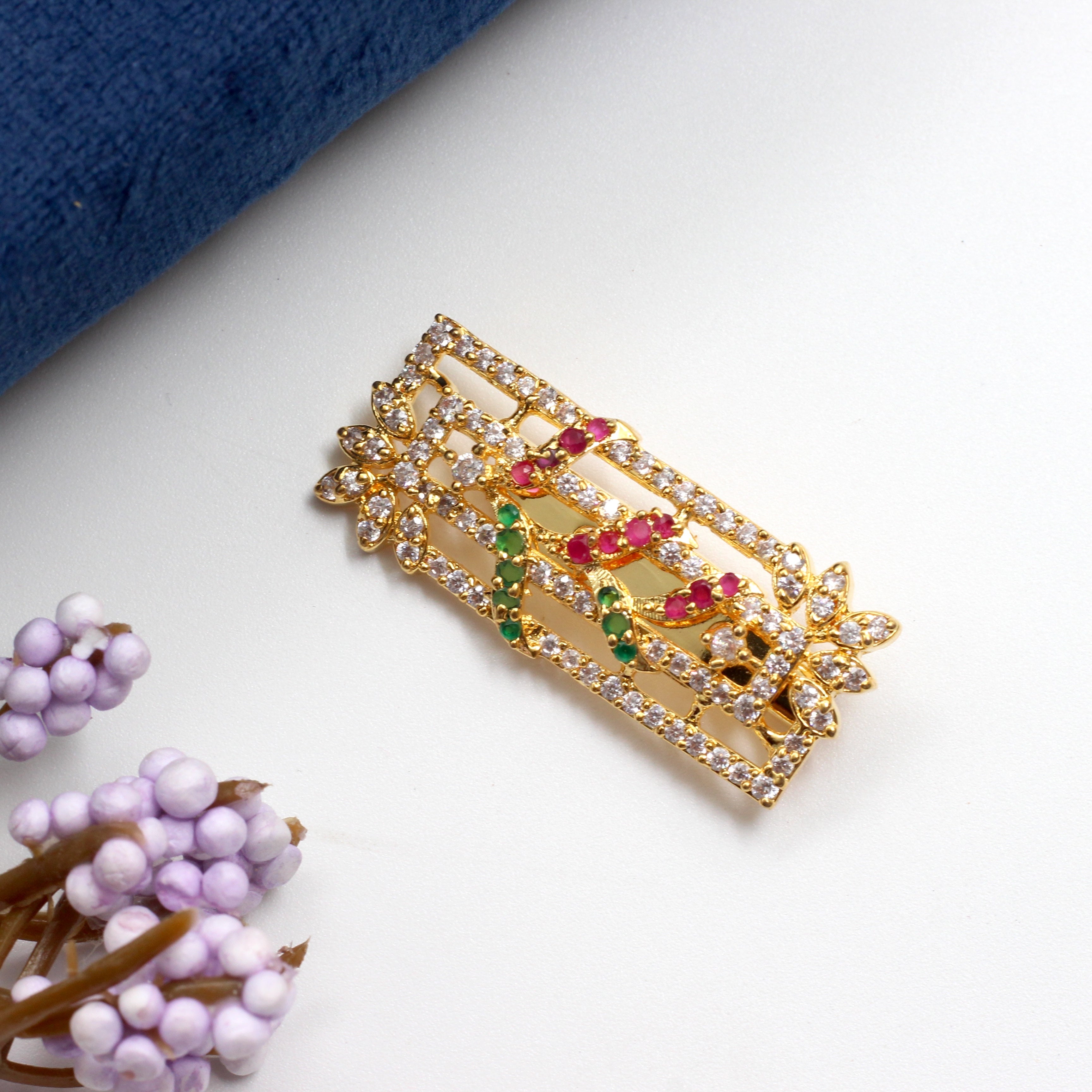 Micro Gold Polish AD Designer Rectangle Floral Vine Saree Brooch Pin