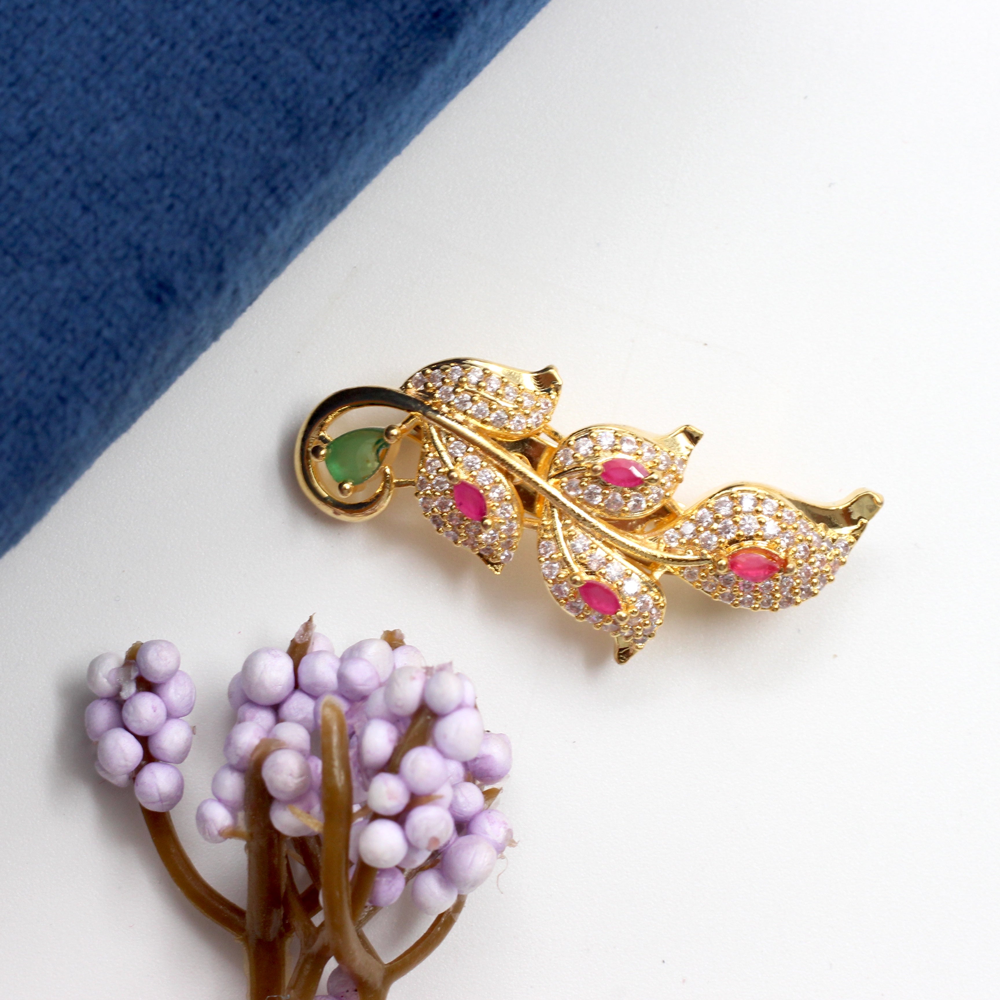 Micro Gold Polish AD Designer Leaves Saree Brooch Pin
