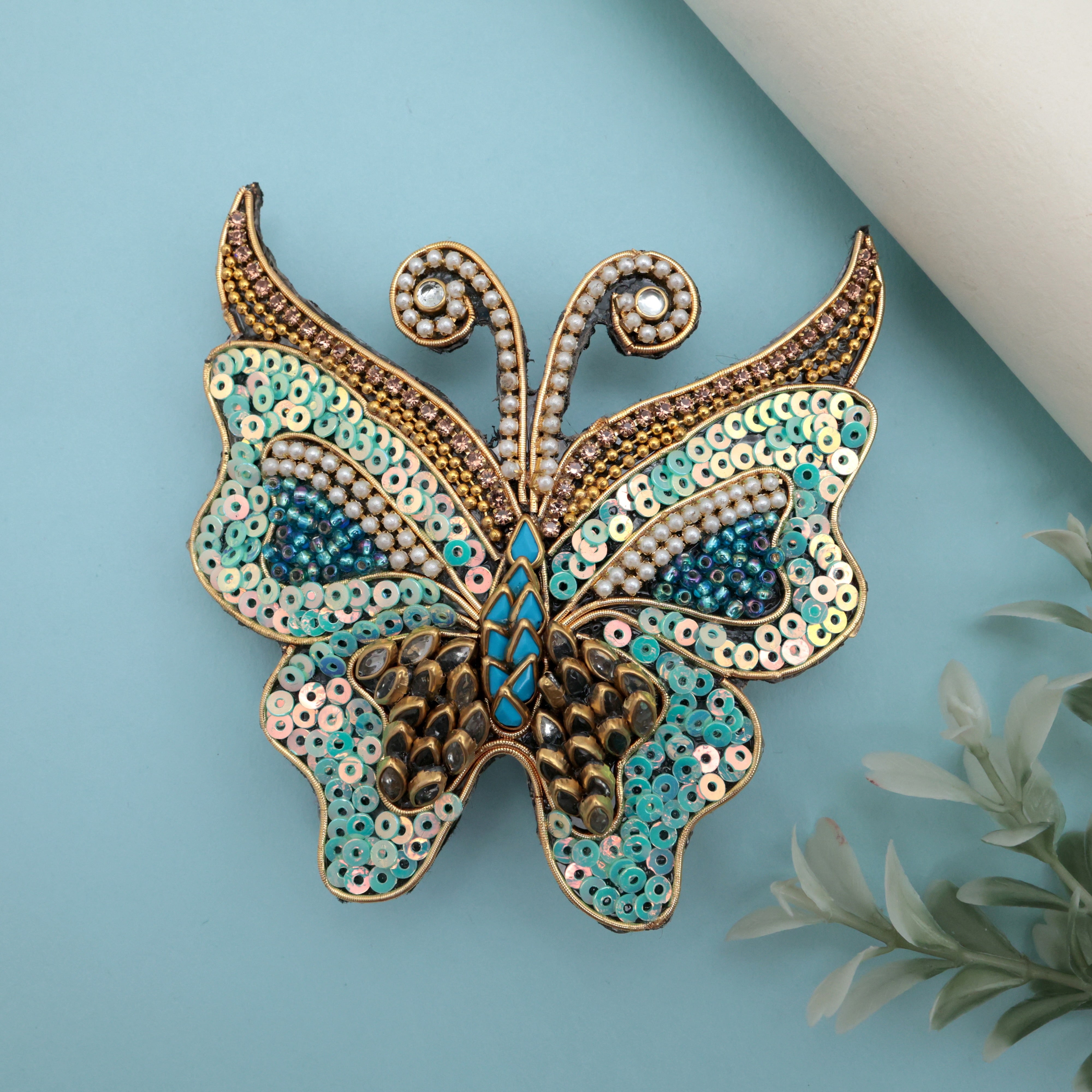 HANDMADE SEQUINS KUNDAN BUTTERFLY HAIR CLIP - ICY BLUE- FRENCH BARRETTE HAIR CLIPS FOR WOMEN