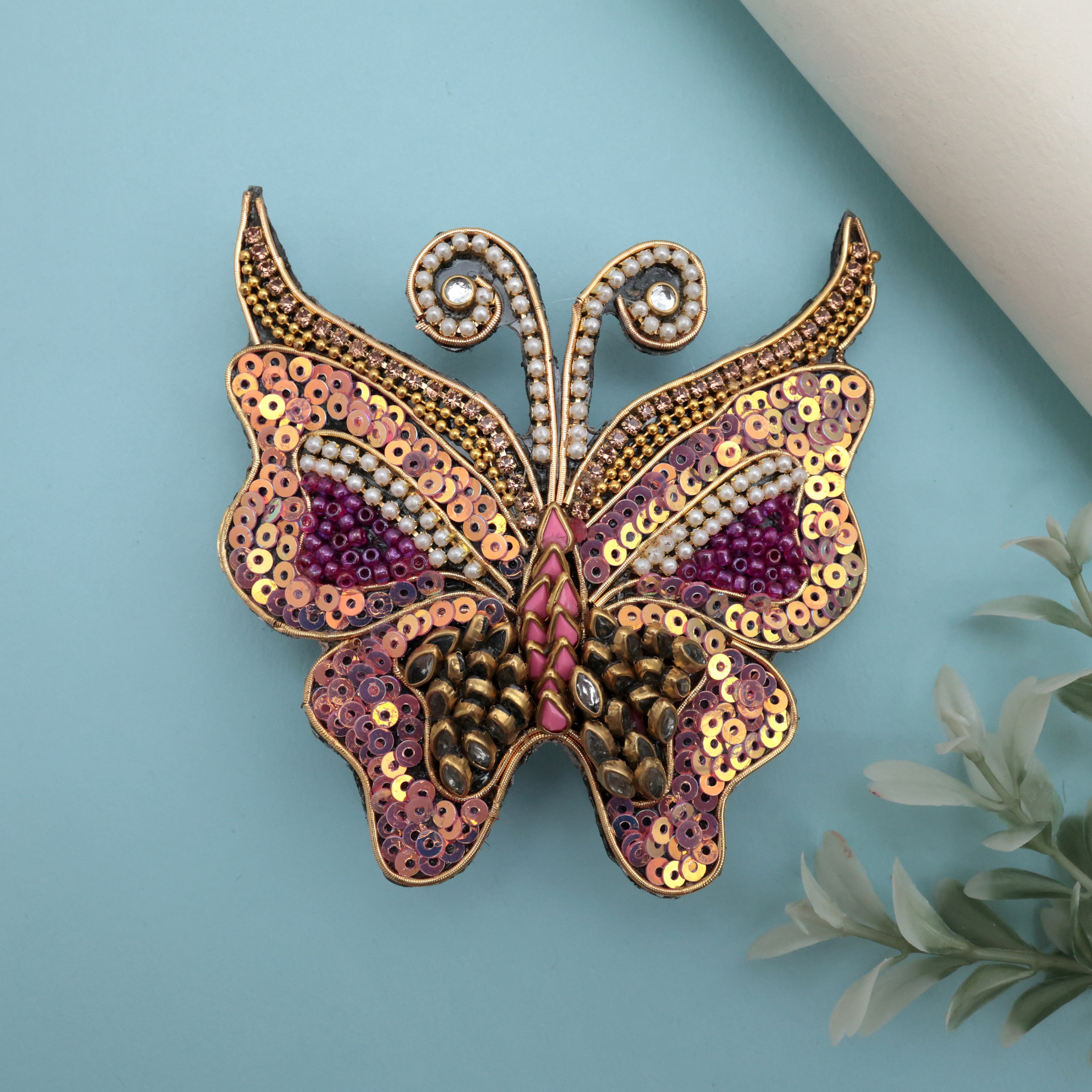 HANDMADE SEQUINS KUNDAN BUTTERFLY HAIR CLIP - PURPLE - FRENCH BARRETTE HAIR CLIPS FOR WOMEN