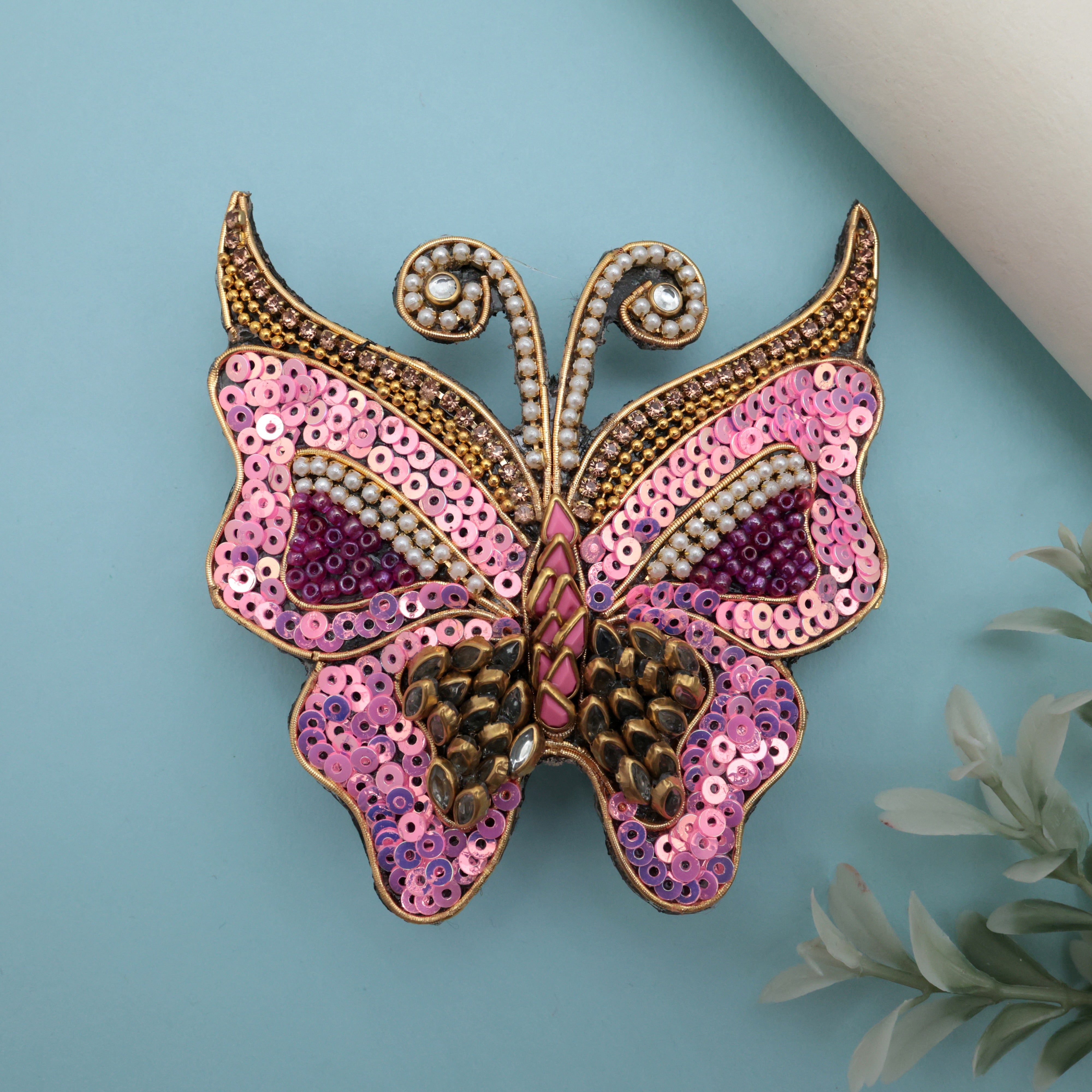 HANDMADE SEQUINS KUNDAN BUTTERFLY HAIR CLIP - ROSE- FRENCH BARRETTE HAIR CLIPS FOR WOMEN