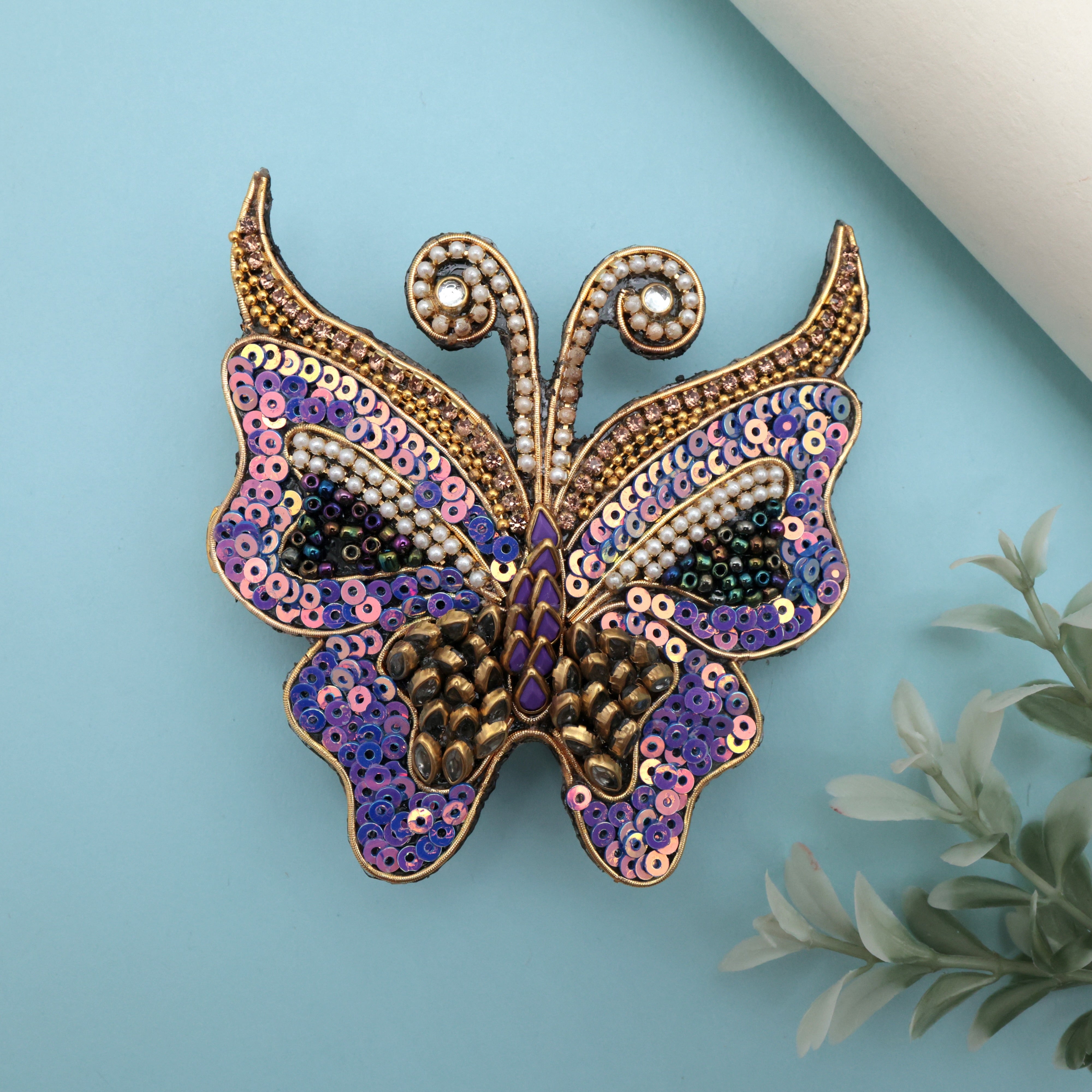 HANDMADE SEQUINS KUNDAN BUTTERFLY HAIR CLIP - PURPLE- FRENCH BARRETTE HAIR CLIPS FOR WOMEN