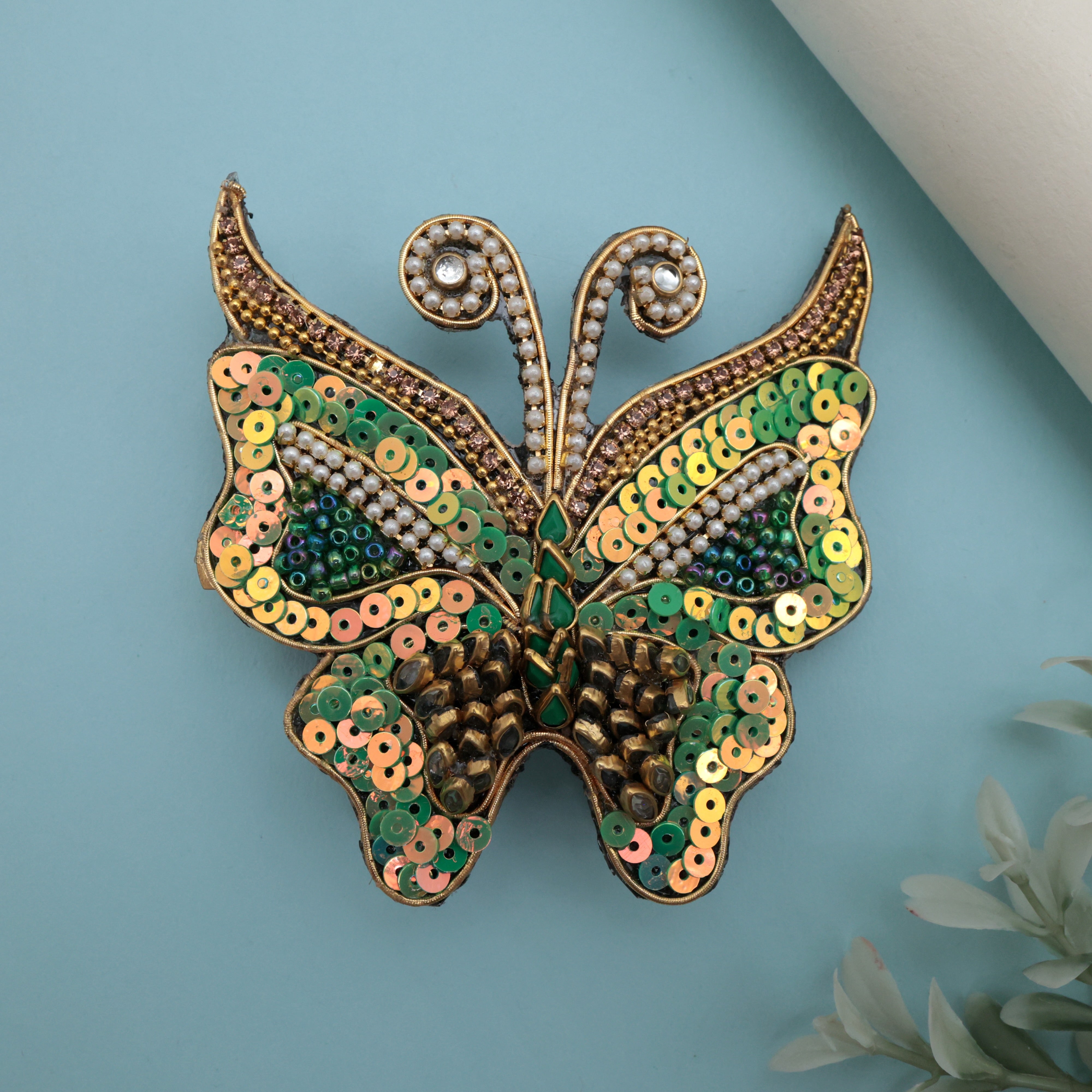HANDMADE SEQUINS KUNDAN BUTTERFLY HAIR CLIP - GREEN - FRENCH BARRETTE HAIR CLIPS FOR WOMEN