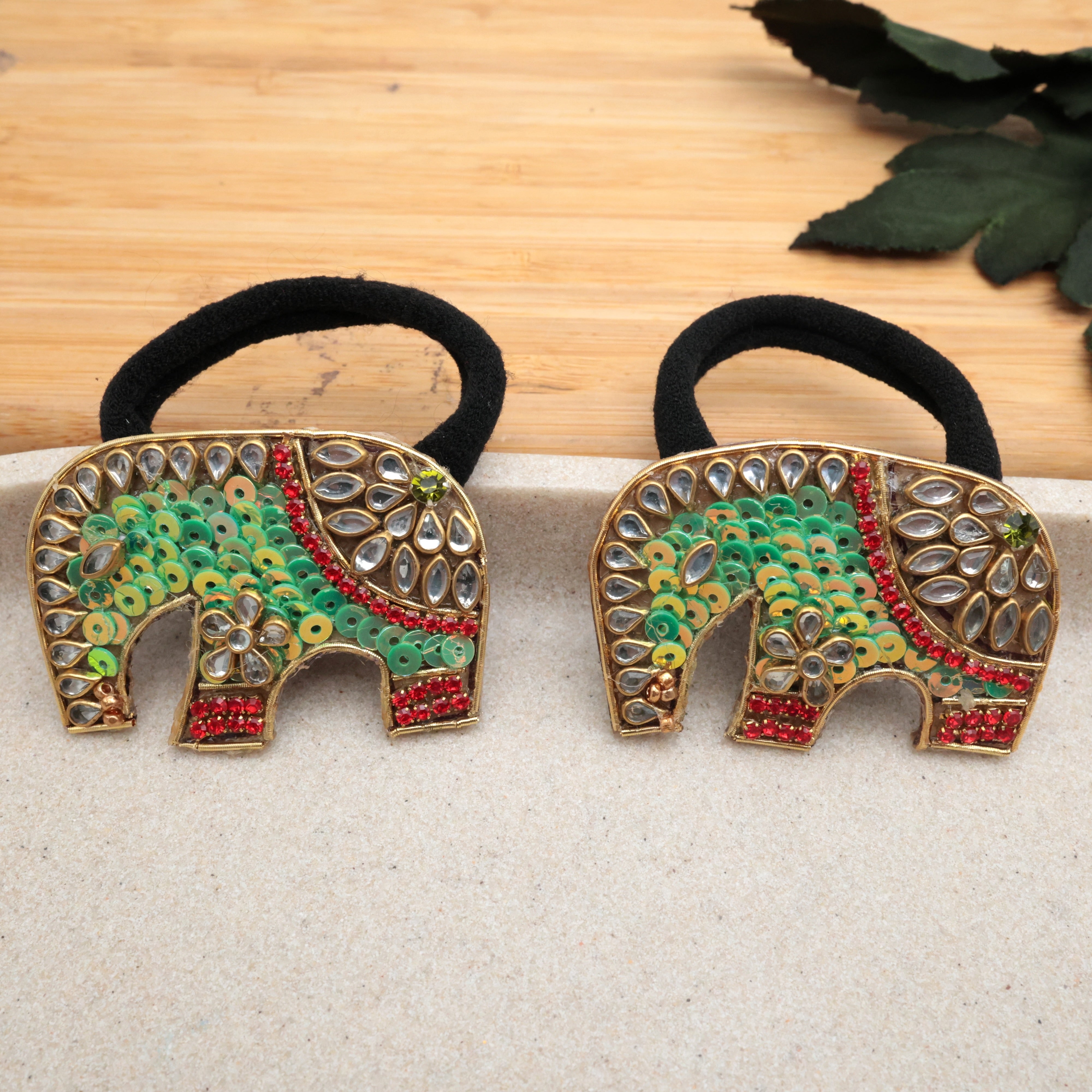 HANDMADE SEQUINS KUNDAN ELEPHANT HAIR BANDS (A PAIR) - GREEN - HAIR TIES FOR WOMEN & KIDS