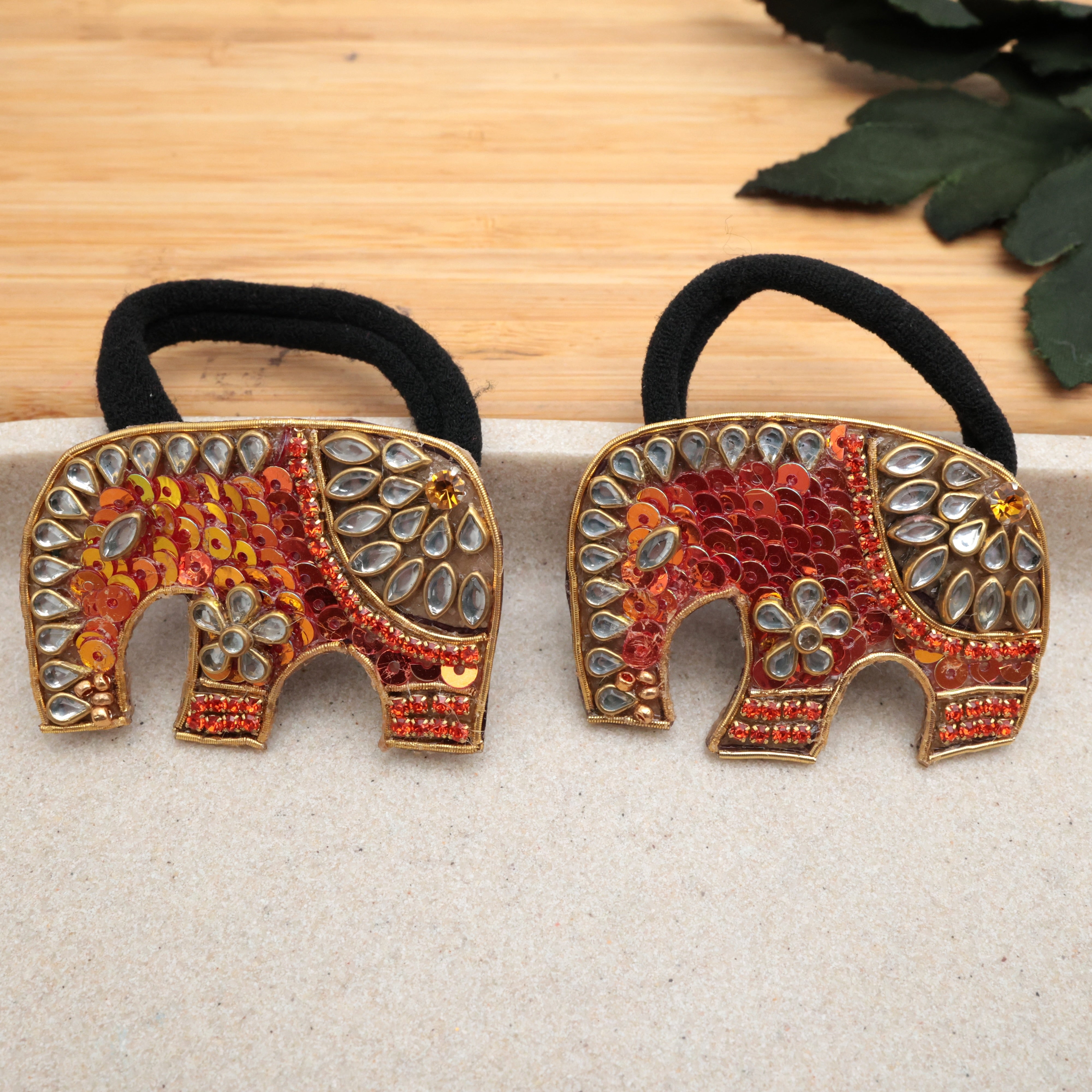 HANDMADE SEQUINS KUNDAN ELEPHANT HAIR BANDS (A PAIR) - FIERY ORANGE - HAIR TIES FOR WOMEN & KIDS