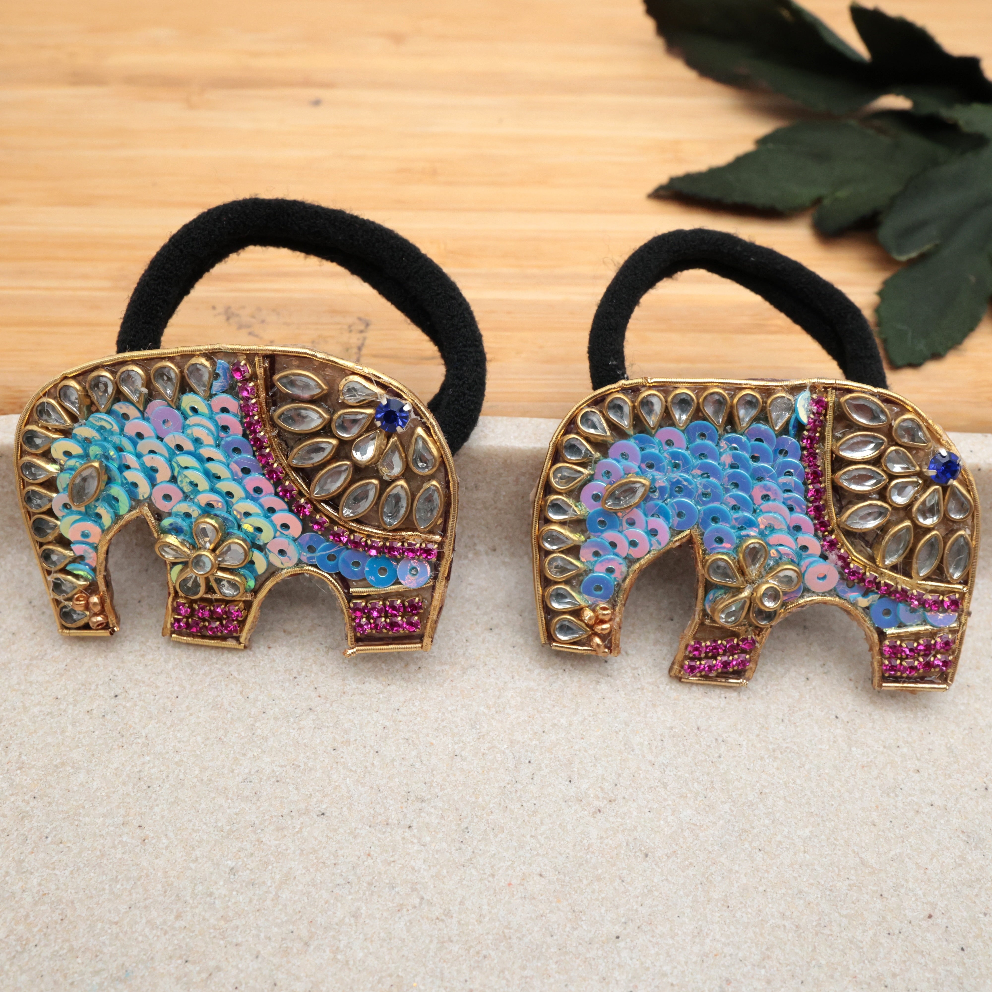 HANDMADE SEQUINS KUNDAN ELEPHANT HAIR BANDS (A PAIR) - LIGHT BLUE - HAIR TIES FOR WOMEN & KIDS