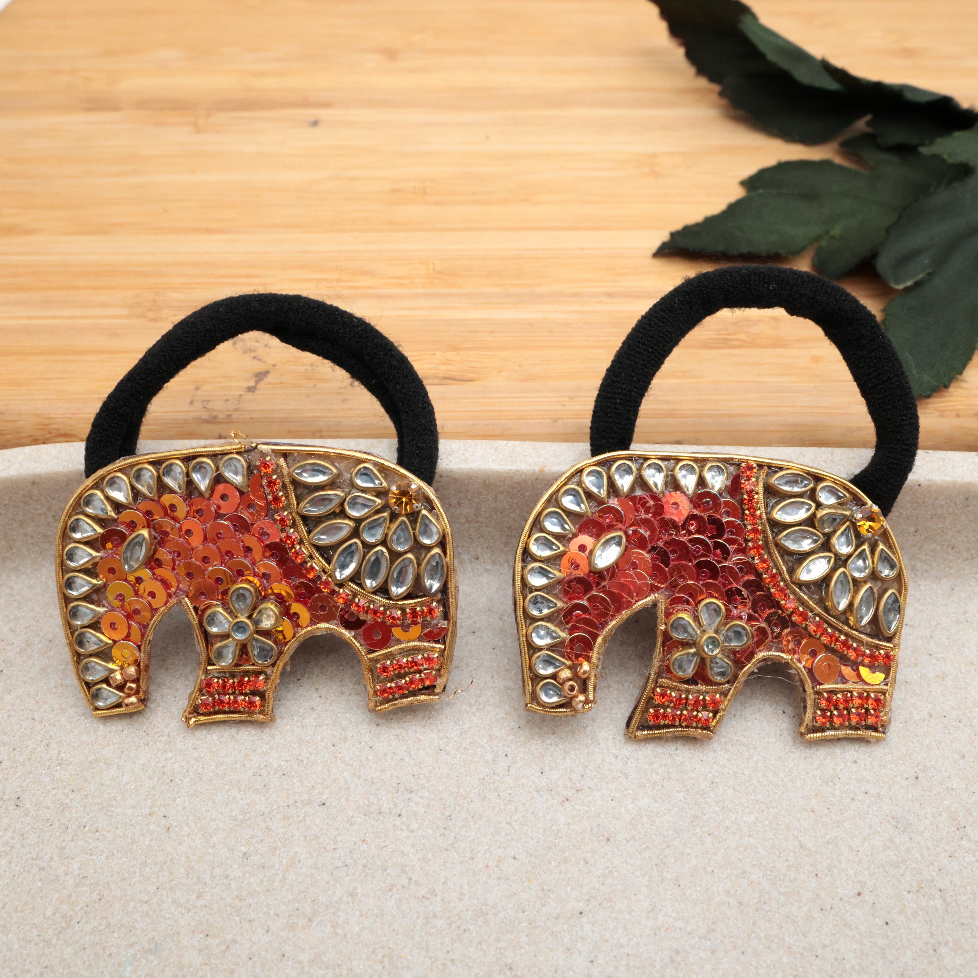 HANDMADE SEQUINS KUNDAN ELEPHANT HAIR BANDS (A PAIR) - ORANGE - HAIR TIES FOR WOMEN & KIDS
