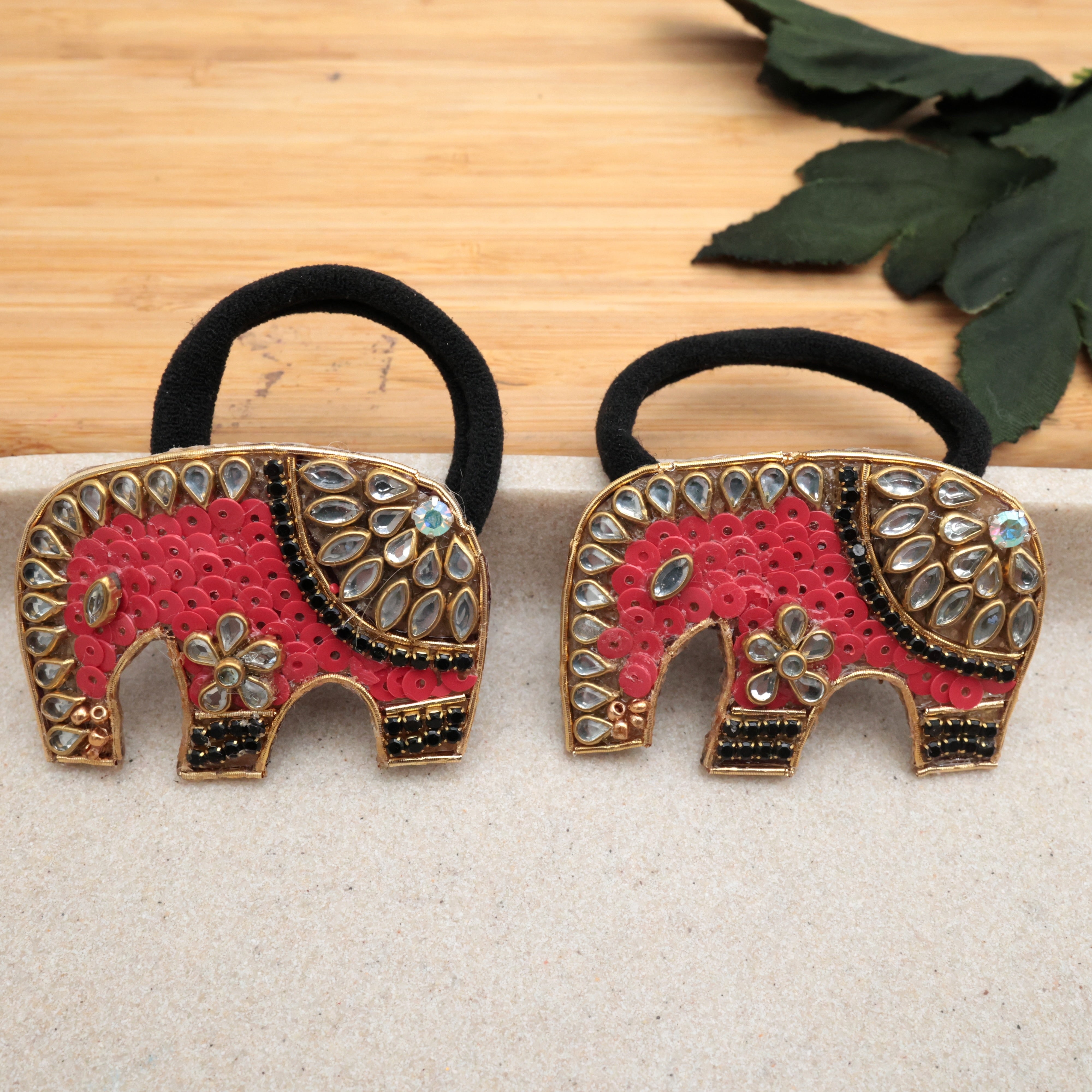 HANDMADE SEQUINS KUNDAN ELEPHANT HAIR BANDS (A PAIR) - RED - HAIR TIES FOR WOMEN & KIDS