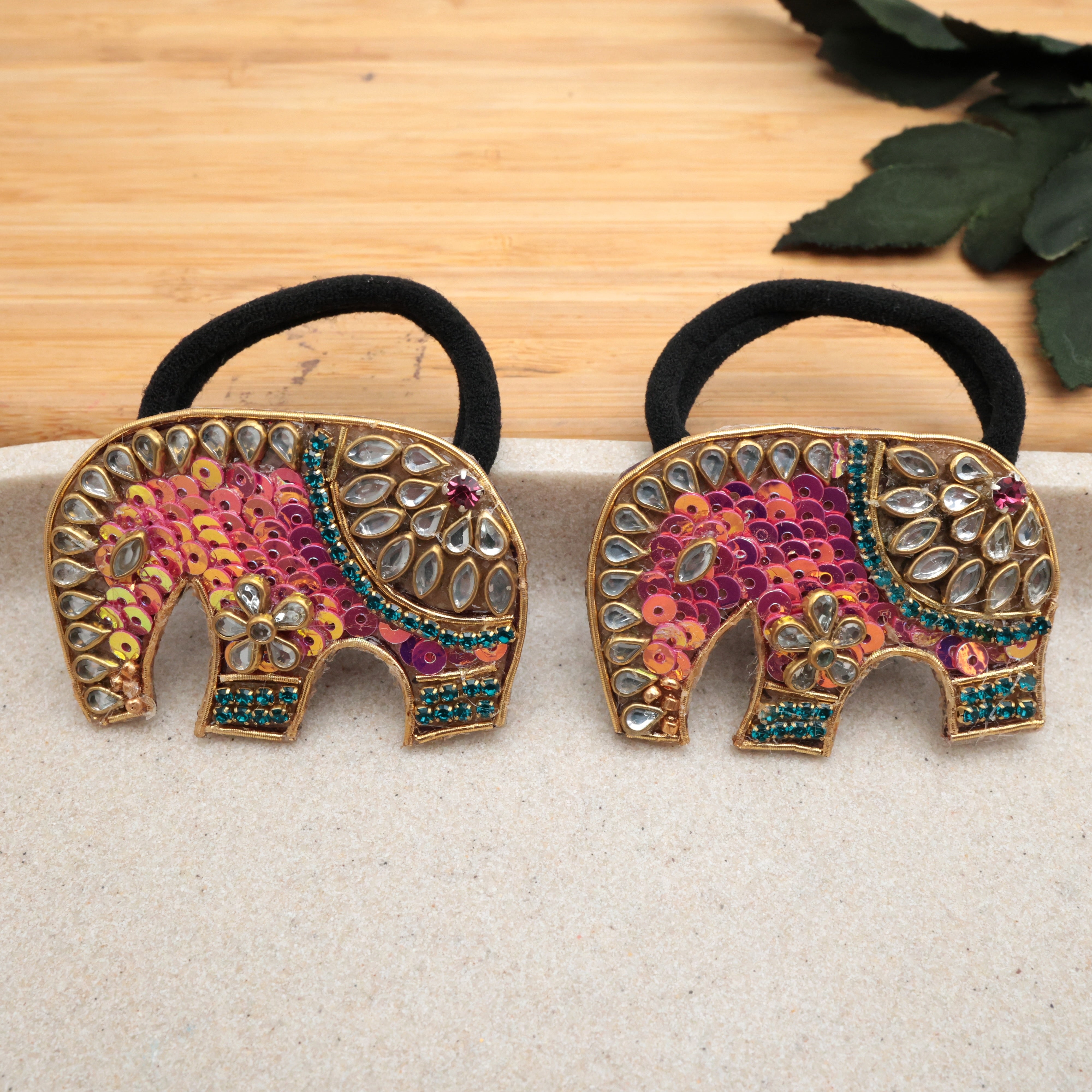 HANDMADE SEQUINS KUNDAN ELEPHANT HAIR BANDS (A PAIR) - PINKISH ORANGE - HAIR TIES FOR WOMEN & KIDS