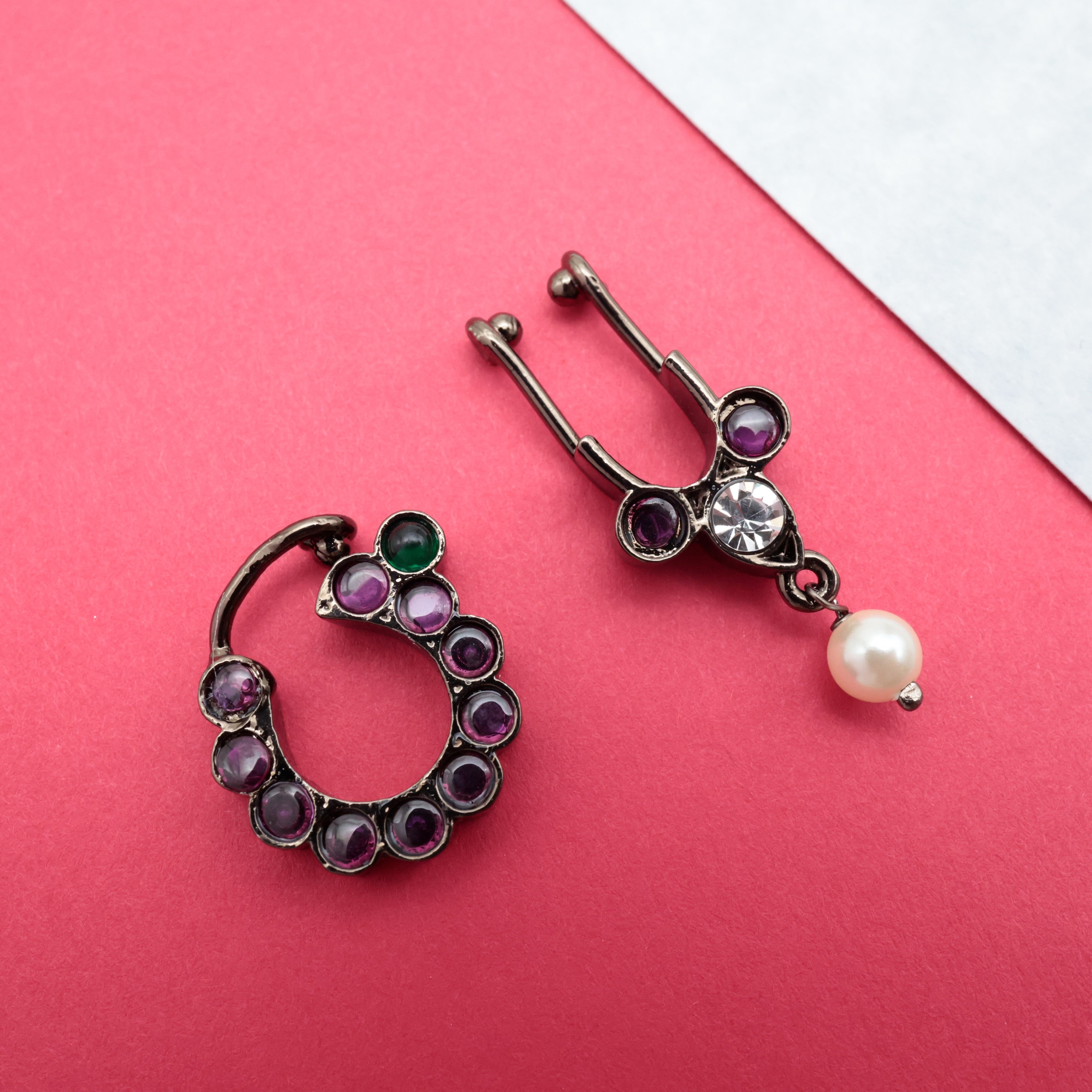 PREMIUM REAL KEMP ANTIQUE BLACKISH TONE NATH BULLAKU SET - TRADITIONAL NON-PIERCING NOSE PINS