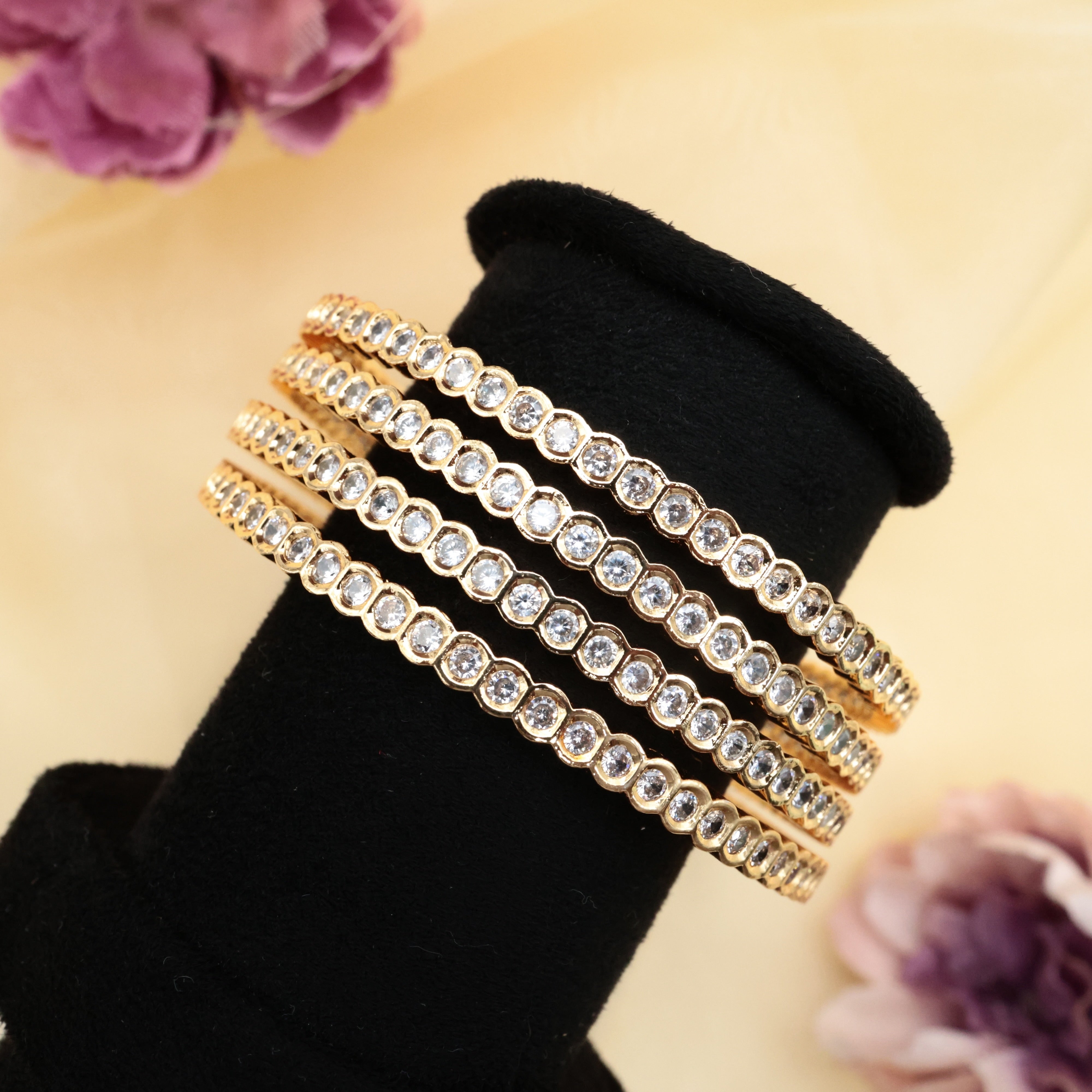 Set of 4 Diamond Look Real Gold Tone Traditional Stone Bangles - White