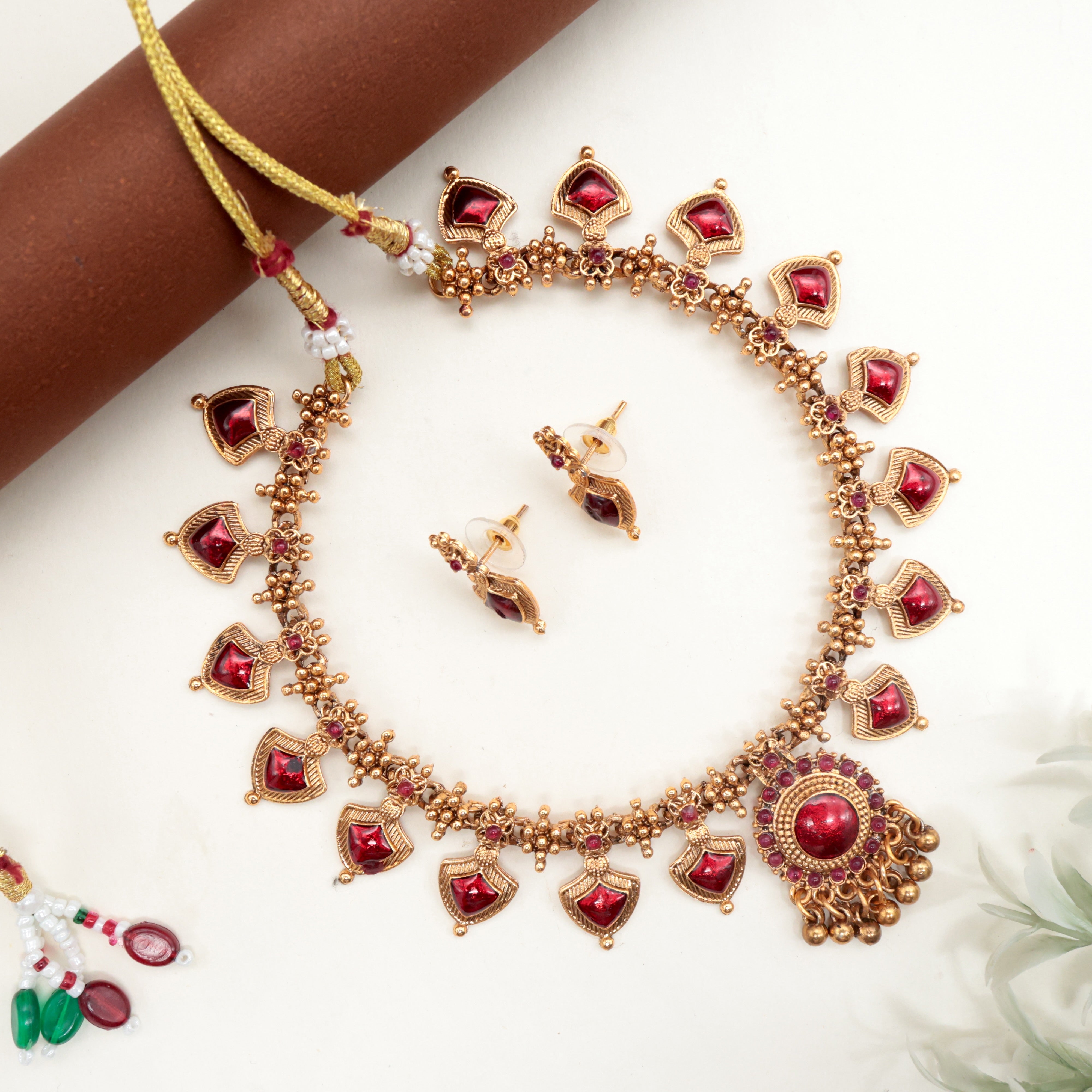 ANTIQUE MATTE PALAKKA NECKLACE SET - RED