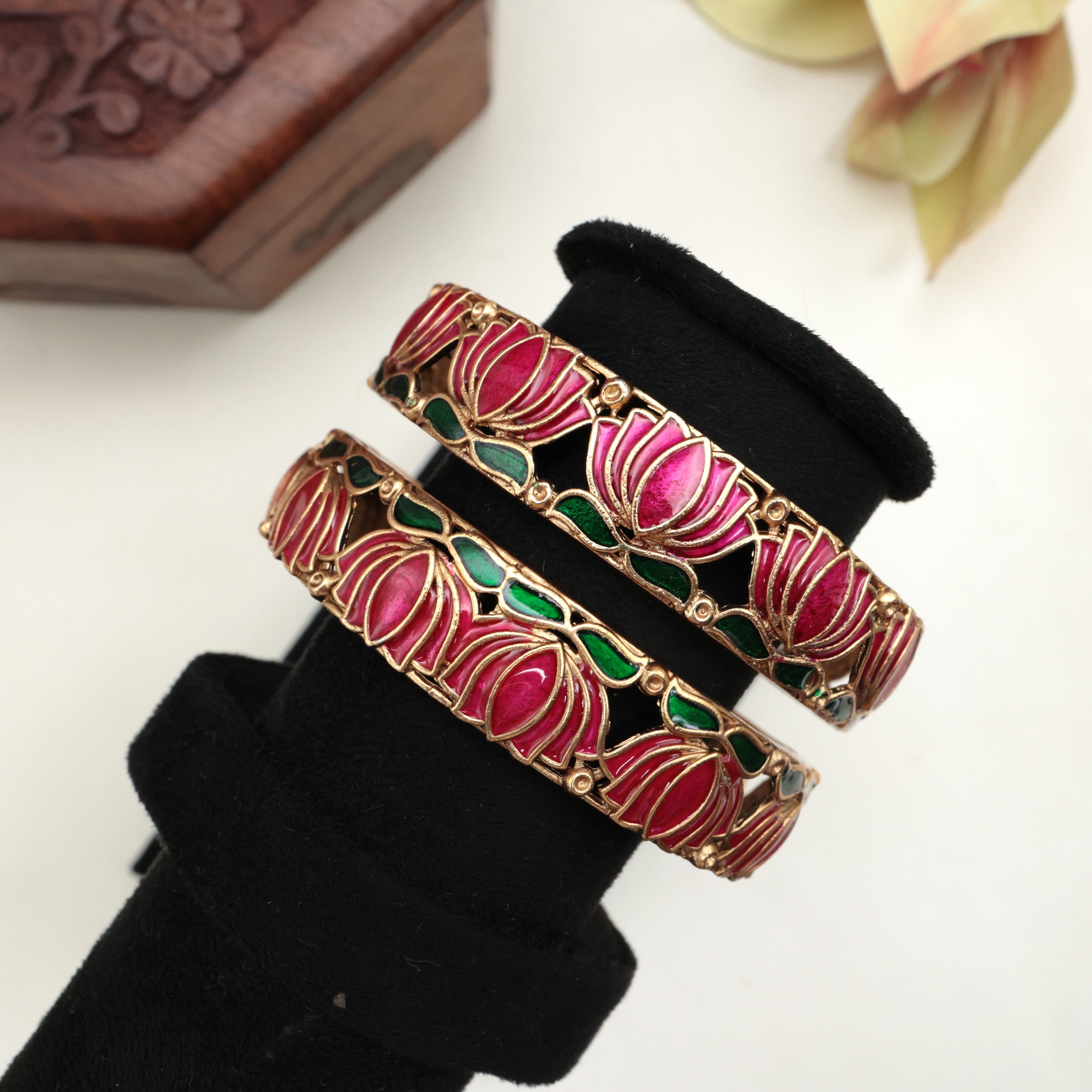 Antique Gold Enamel Lotus Bridal Bangles