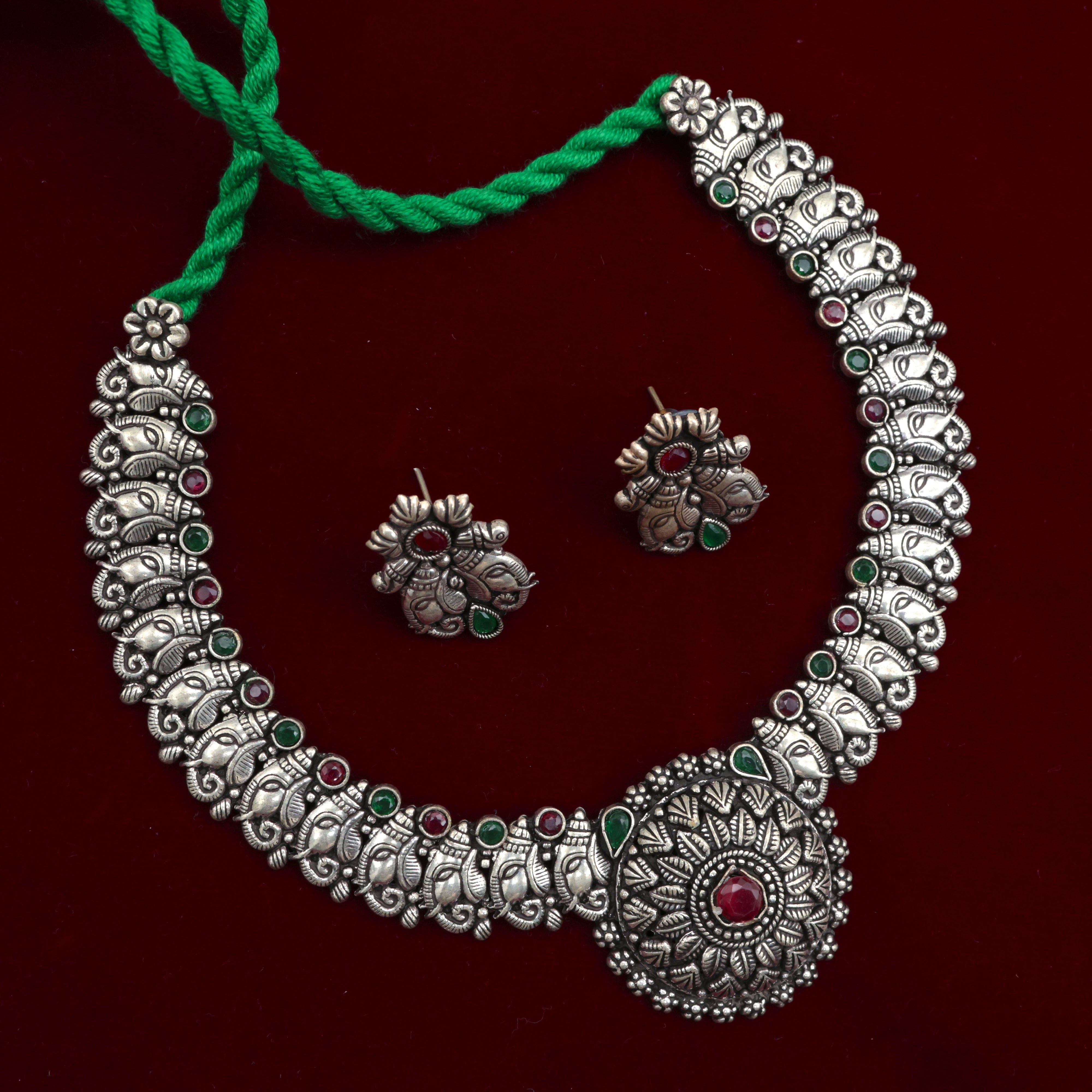 PREMIUM SILVER LOOK OXIDISED GANESHA CHAKRA NECKLACE SET