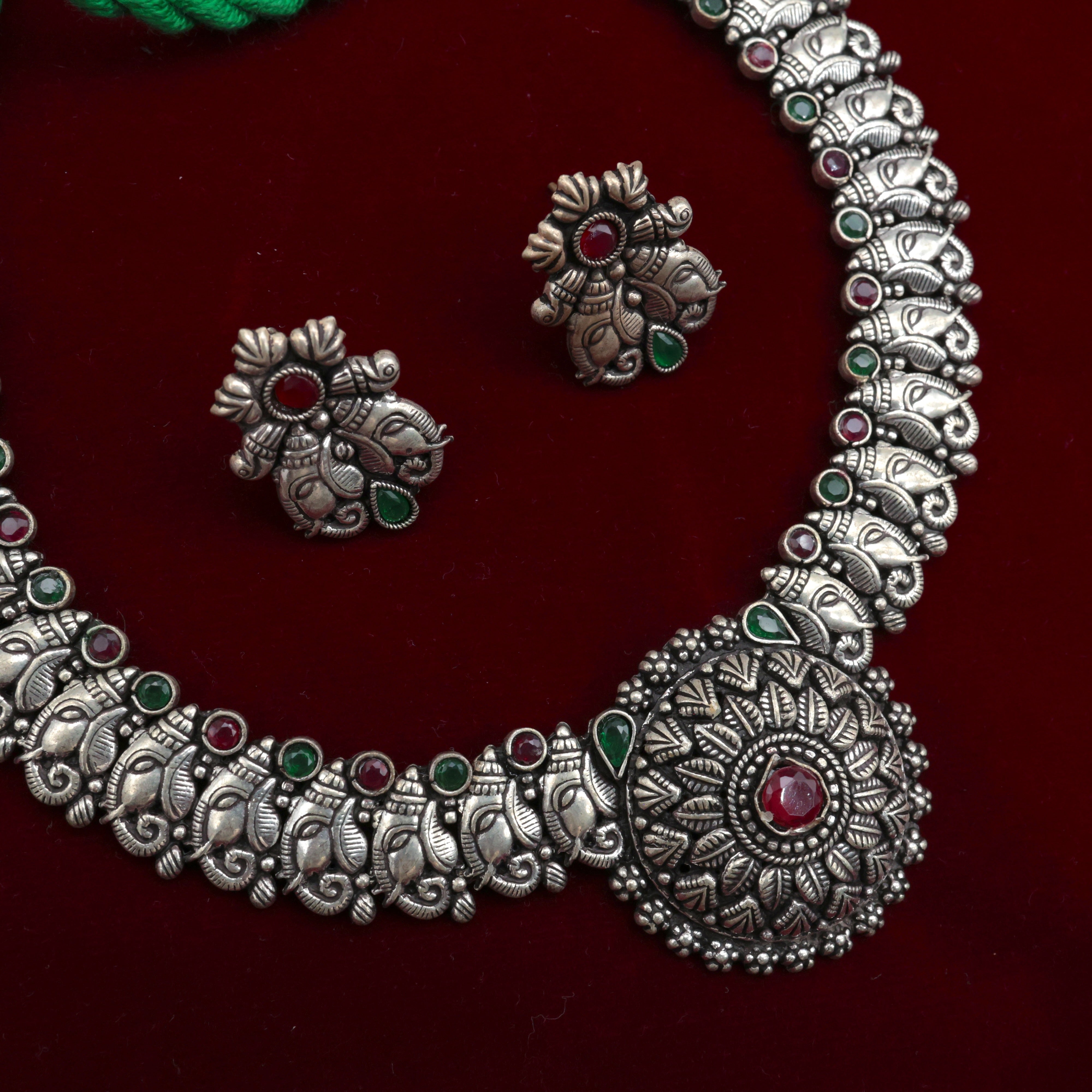 PREMIUM SILVER LOOK OXIDISED GANESHA CHAKRA NECKLACE SET