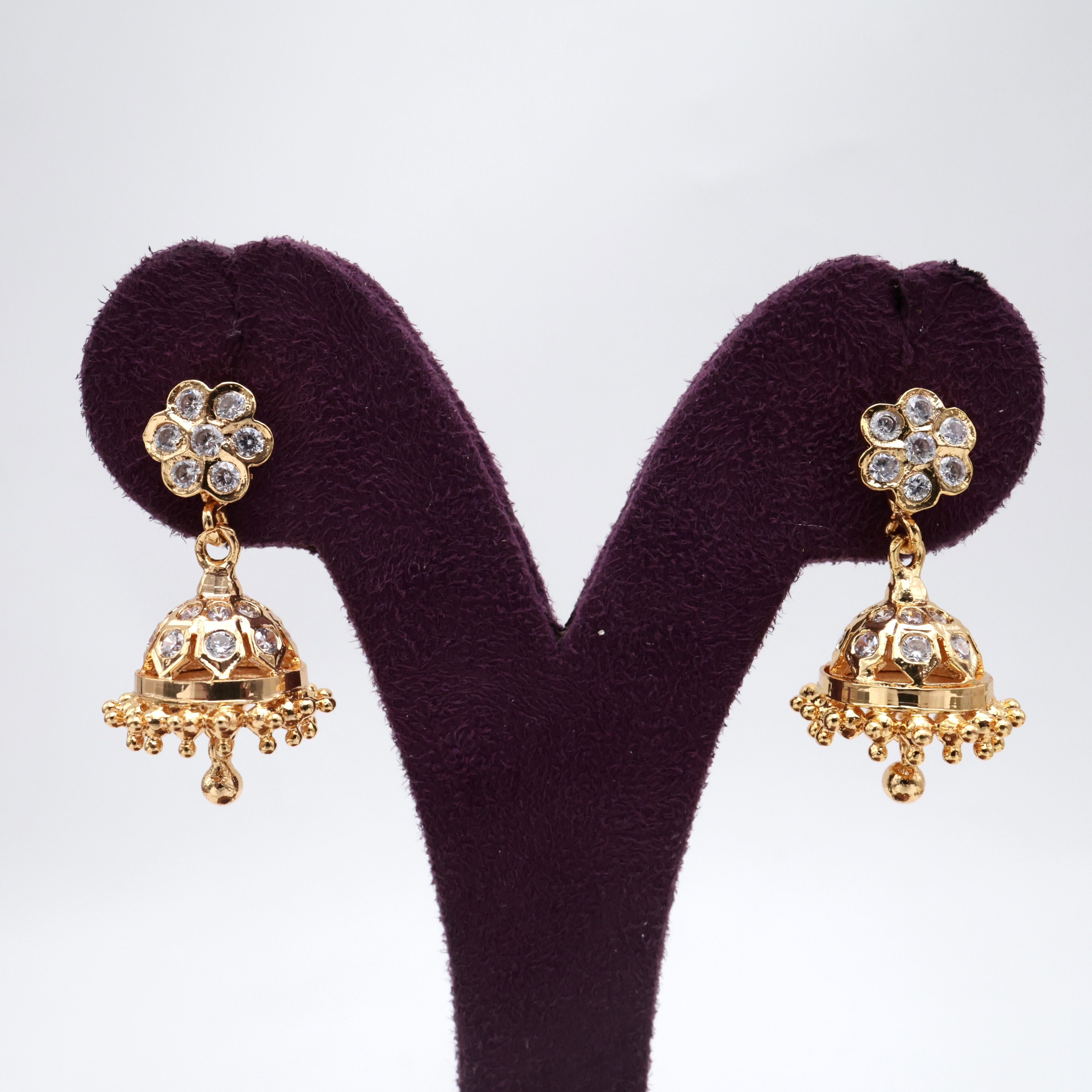 Diamond Look Real Gold Tone Micro Gold Polished Jhumkas - White