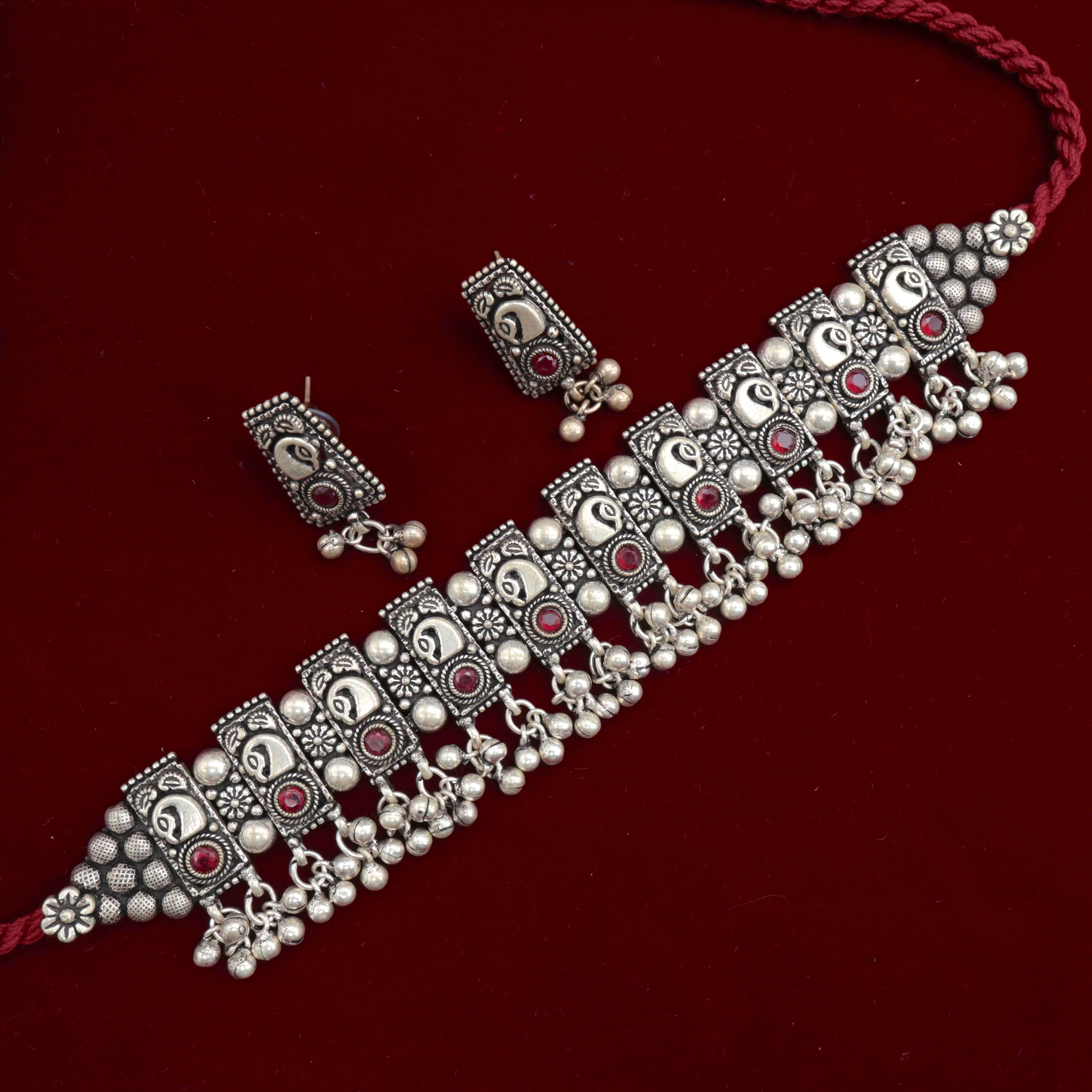 SILVER LOOK OXIDISED PEACOCK TILES GHUNGROO CHOKER NECKLACE SET