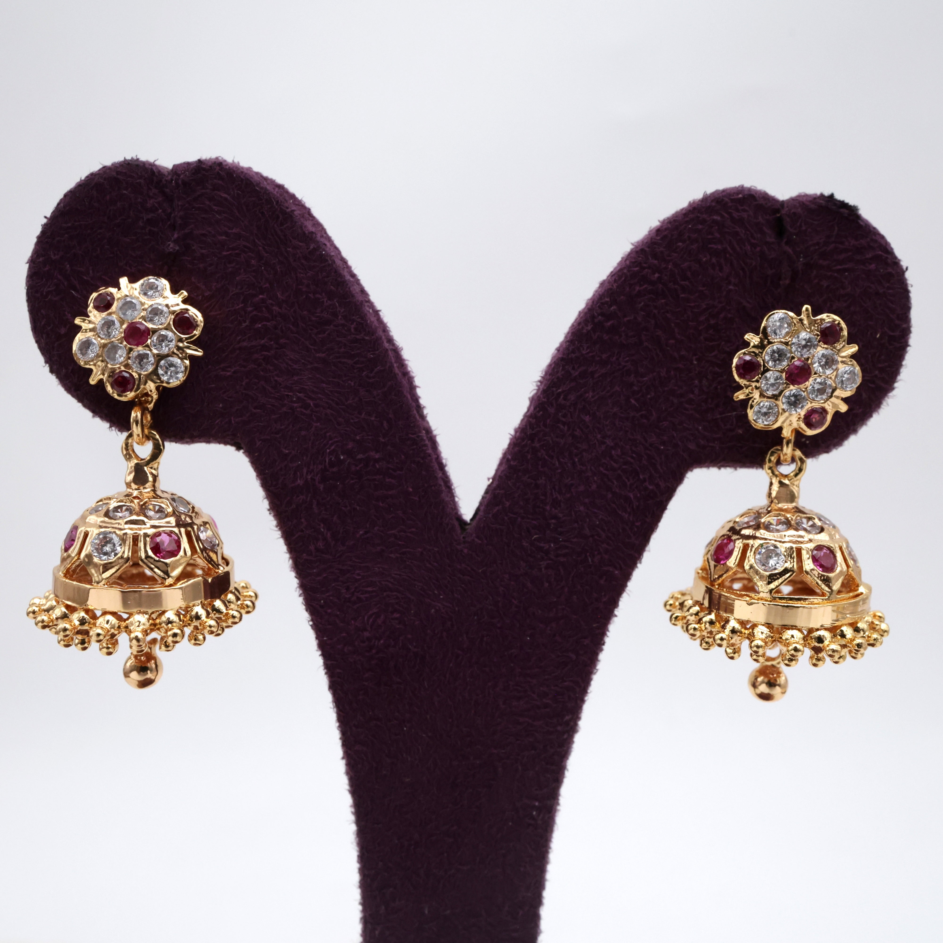 Traditional Kallu Thodu Micro Gold Polished Jhumkas - White & Ruby