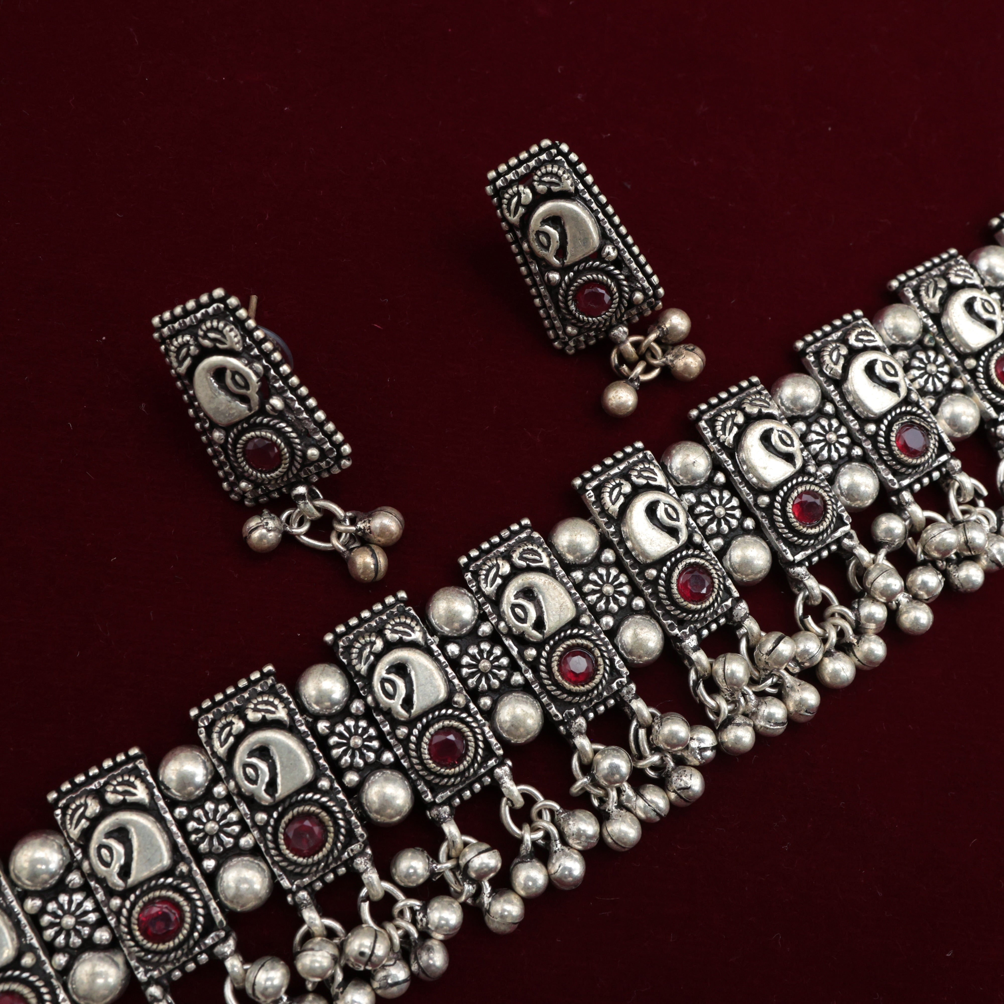 SILVER LOOK OXIDISED PEACOCK TILES GHUNGROO CHOKER NECKLACE SET