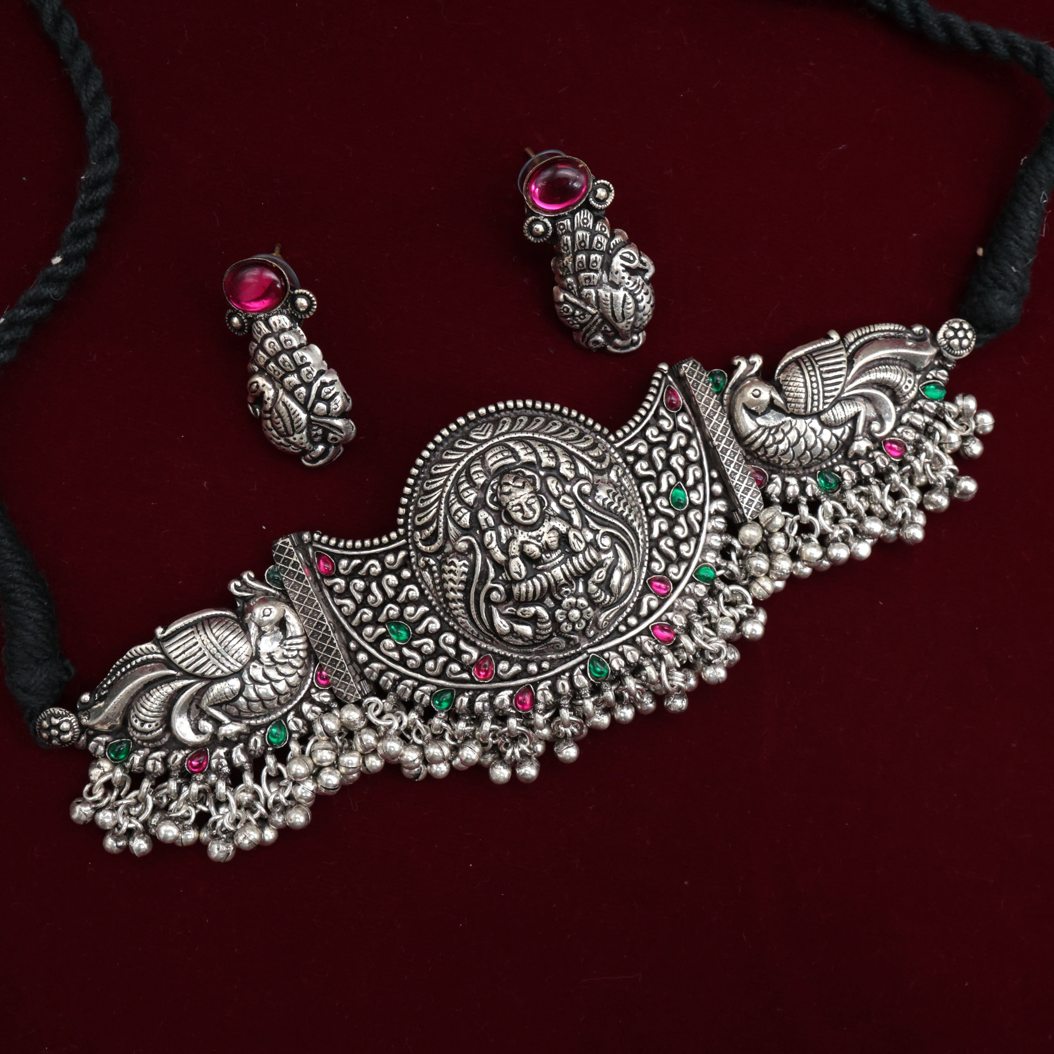 SILVER LOOK OXIDISED MAHALAKSHMI PAKSHI CHOKER NECKLACE SET