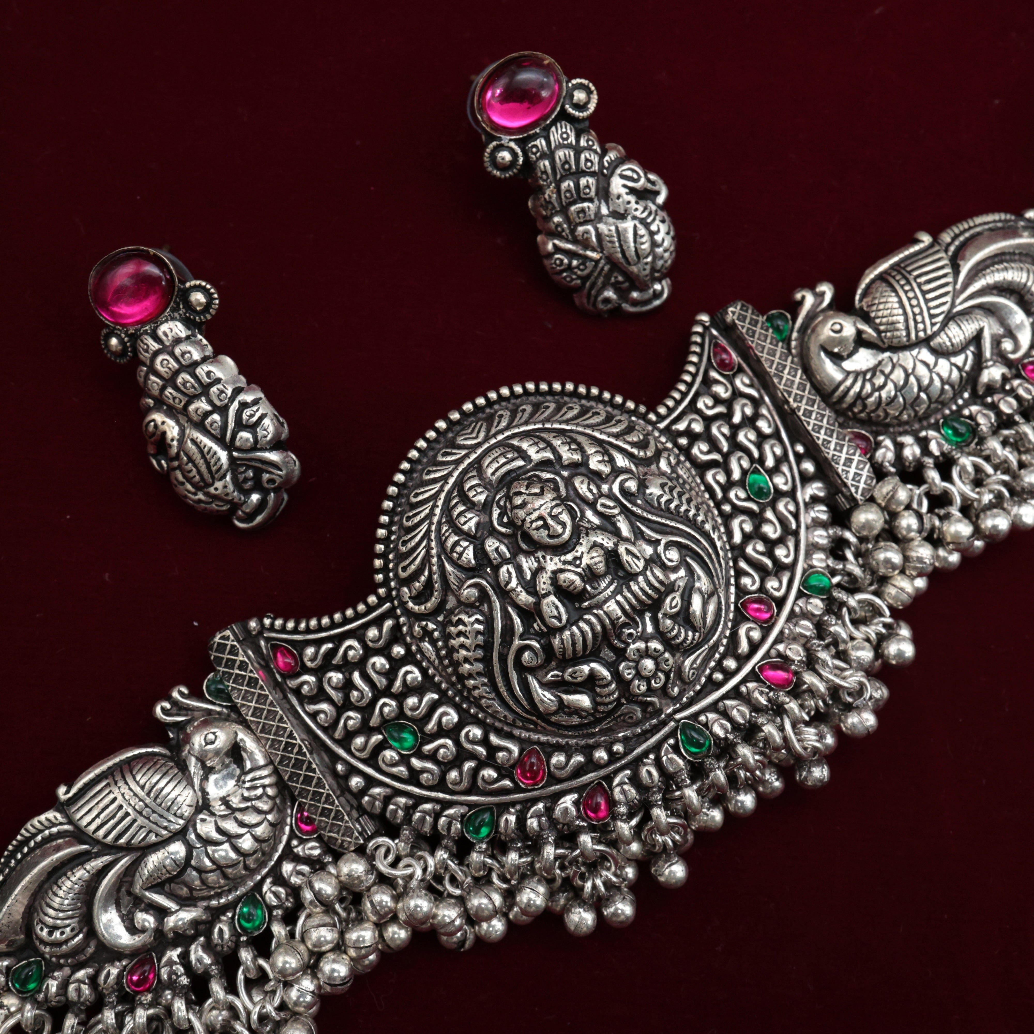 SILVER LOOK OXIDISED MAHALAKSHMI PAKSHI CHOKER NECKLACE SET
