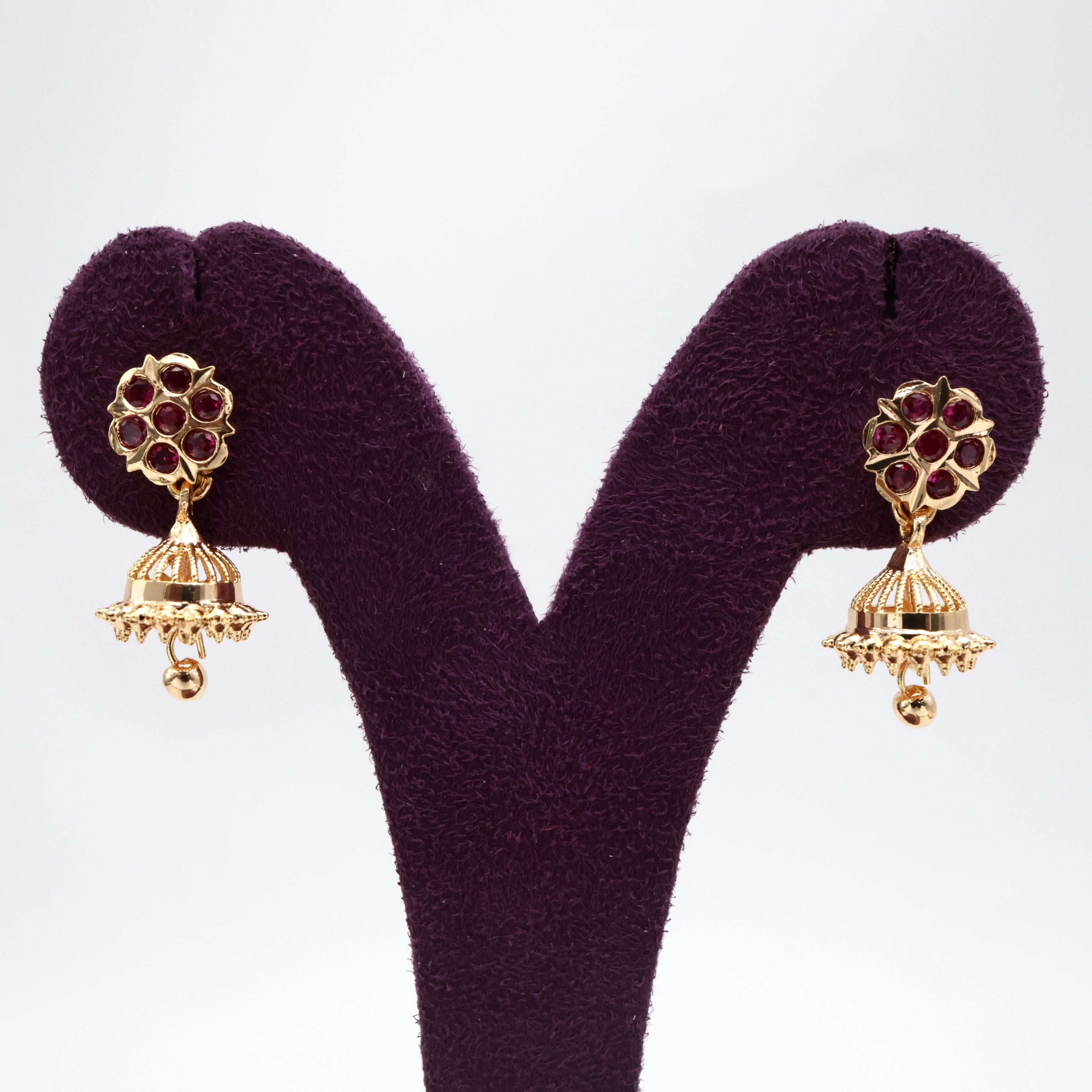 Real Gold Toned Micro Gold Polished Seven Stone Thodu Small Jhumkas - Ruby