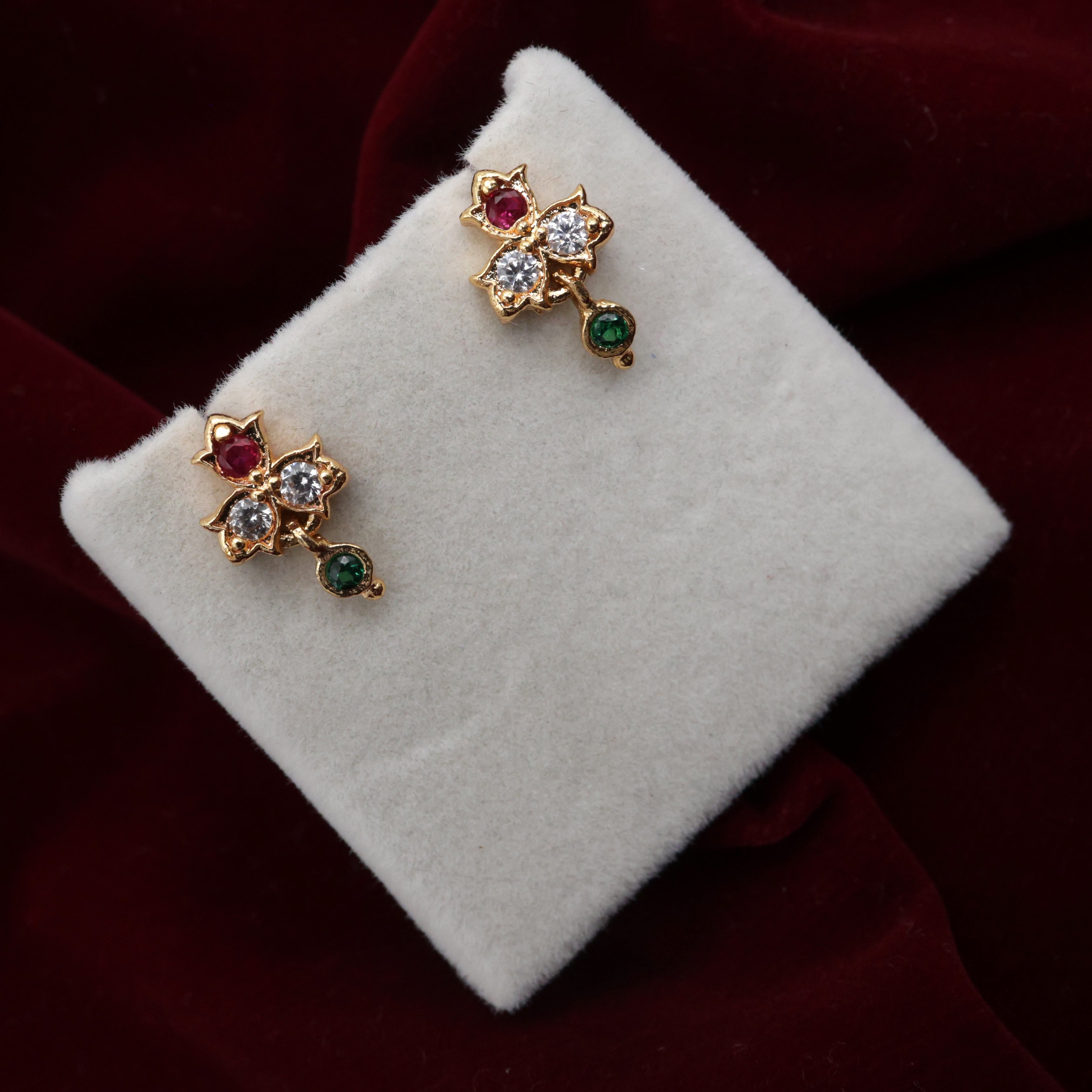 Real Gold Tone Micro Gold Polished 3 Flower Stone Earrings - Multi