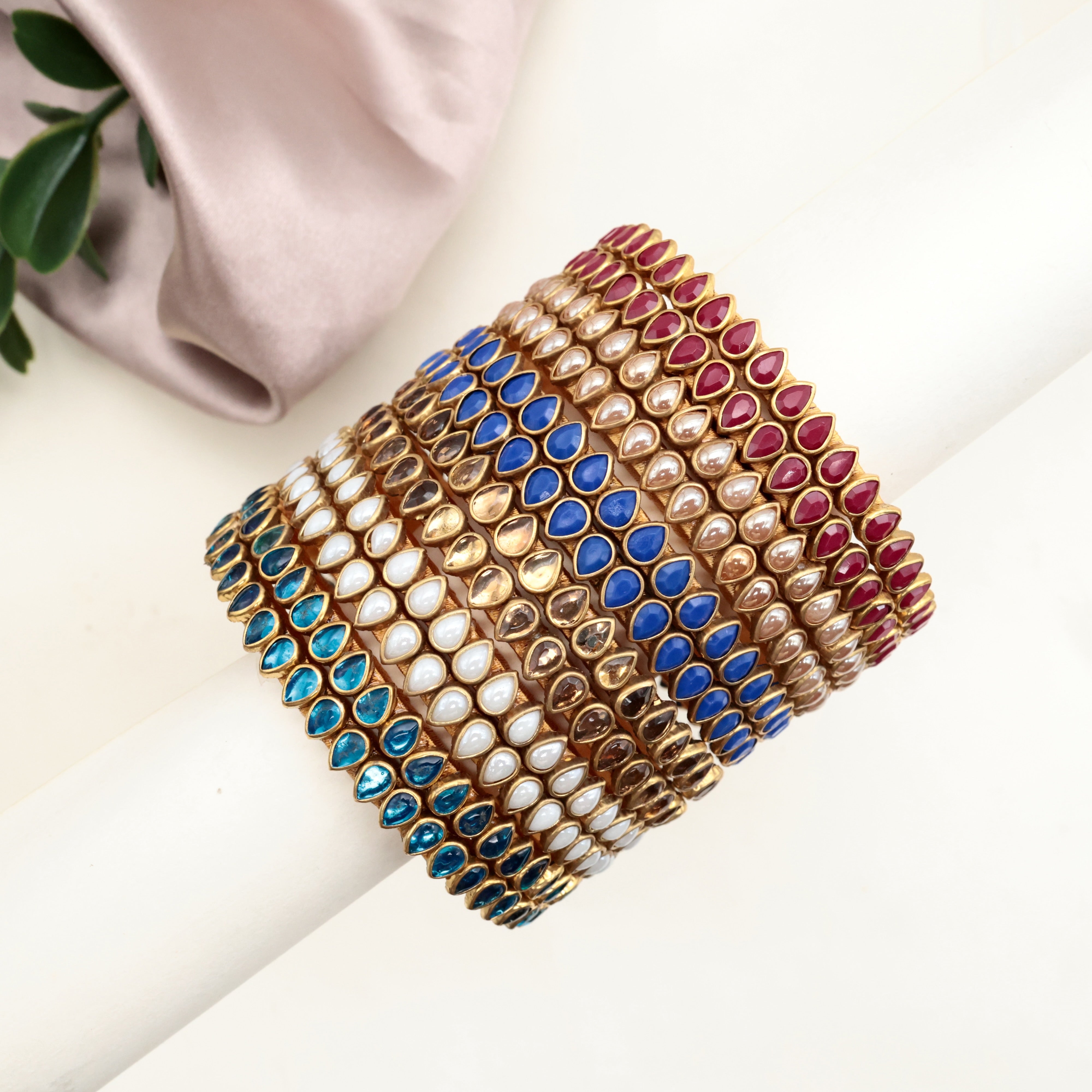 HANDMADE SILK THREAD KUNDAN THILAK BANGLES - PACK OF 6 COLOURS - COMBO 1