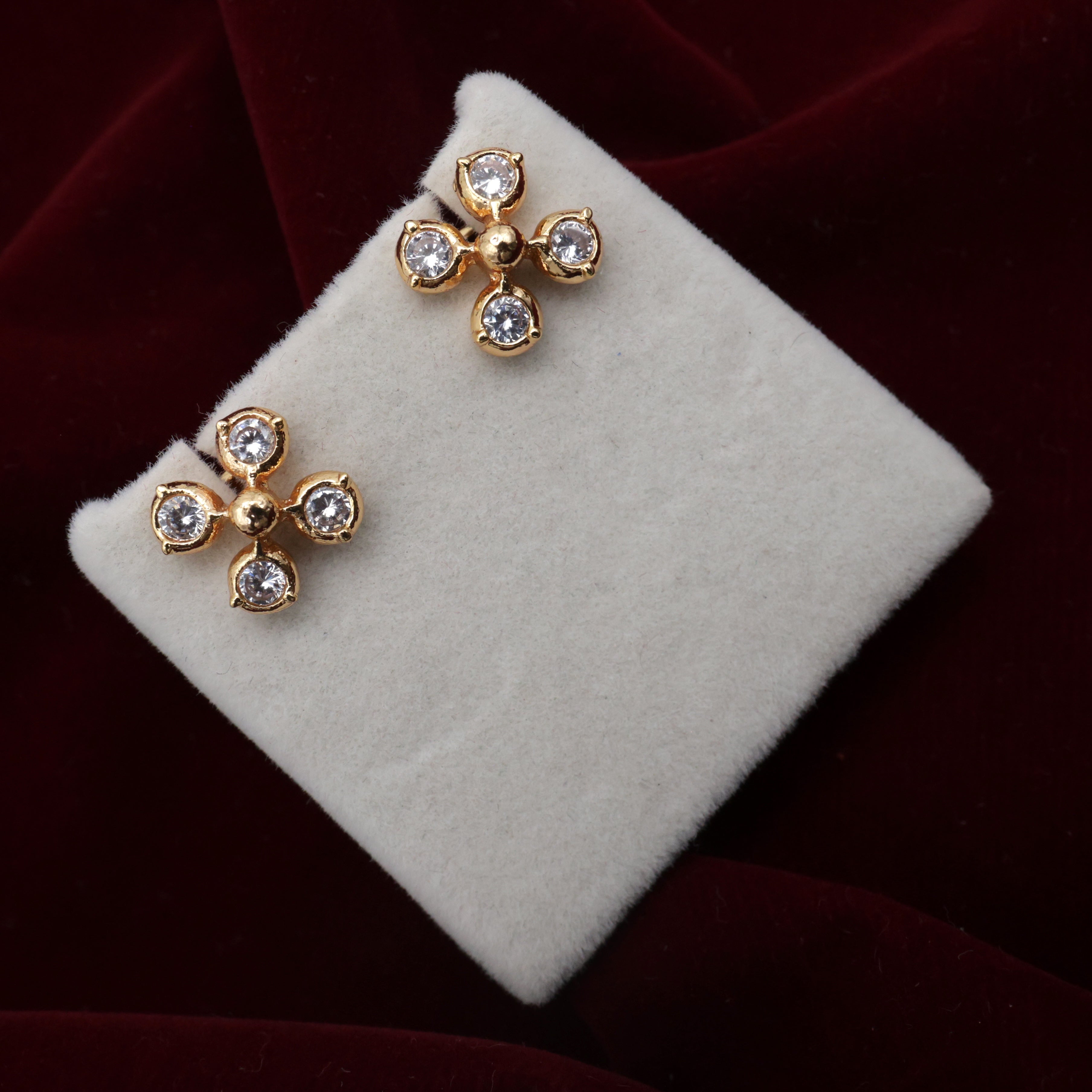 Real Gold Diamond Look 4 Stone Micro Gold Polished Studs Earrings