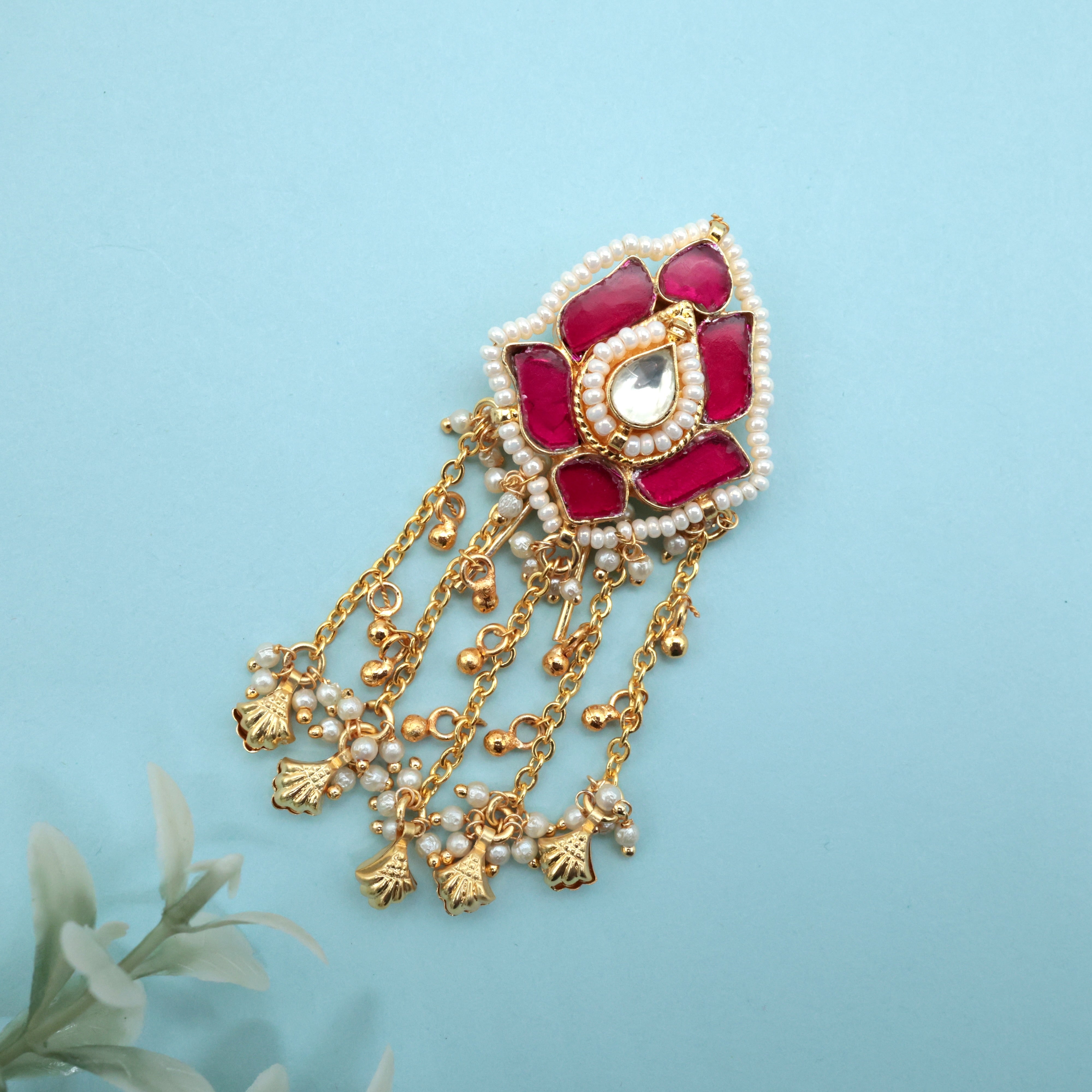 Pachi Kundan Lotus Bud Gold Shell Hangings Bridal Hair Choti