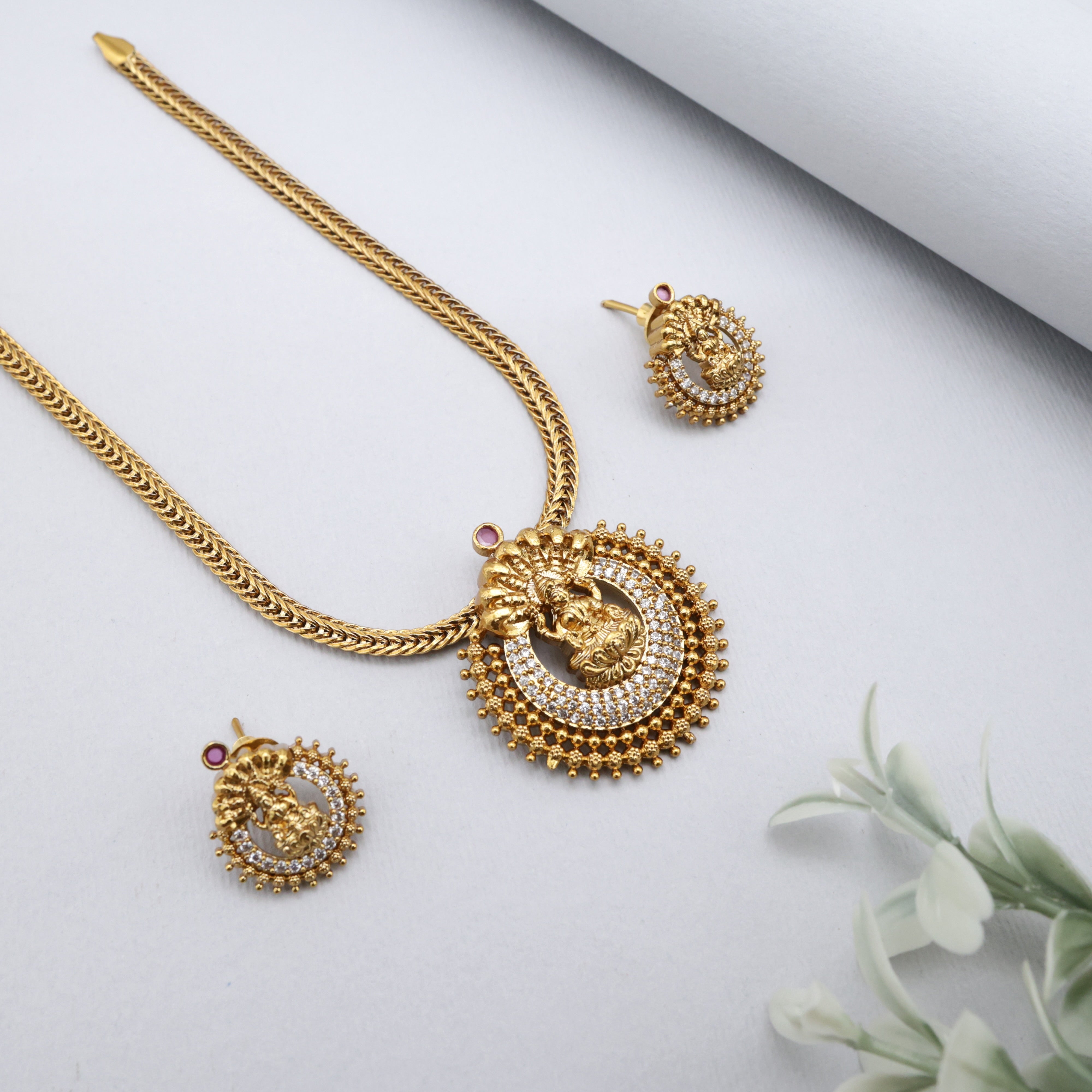 Antique Nagas AD Diamond Look Lakshmi Pendant Kids Friendly Necklace Set