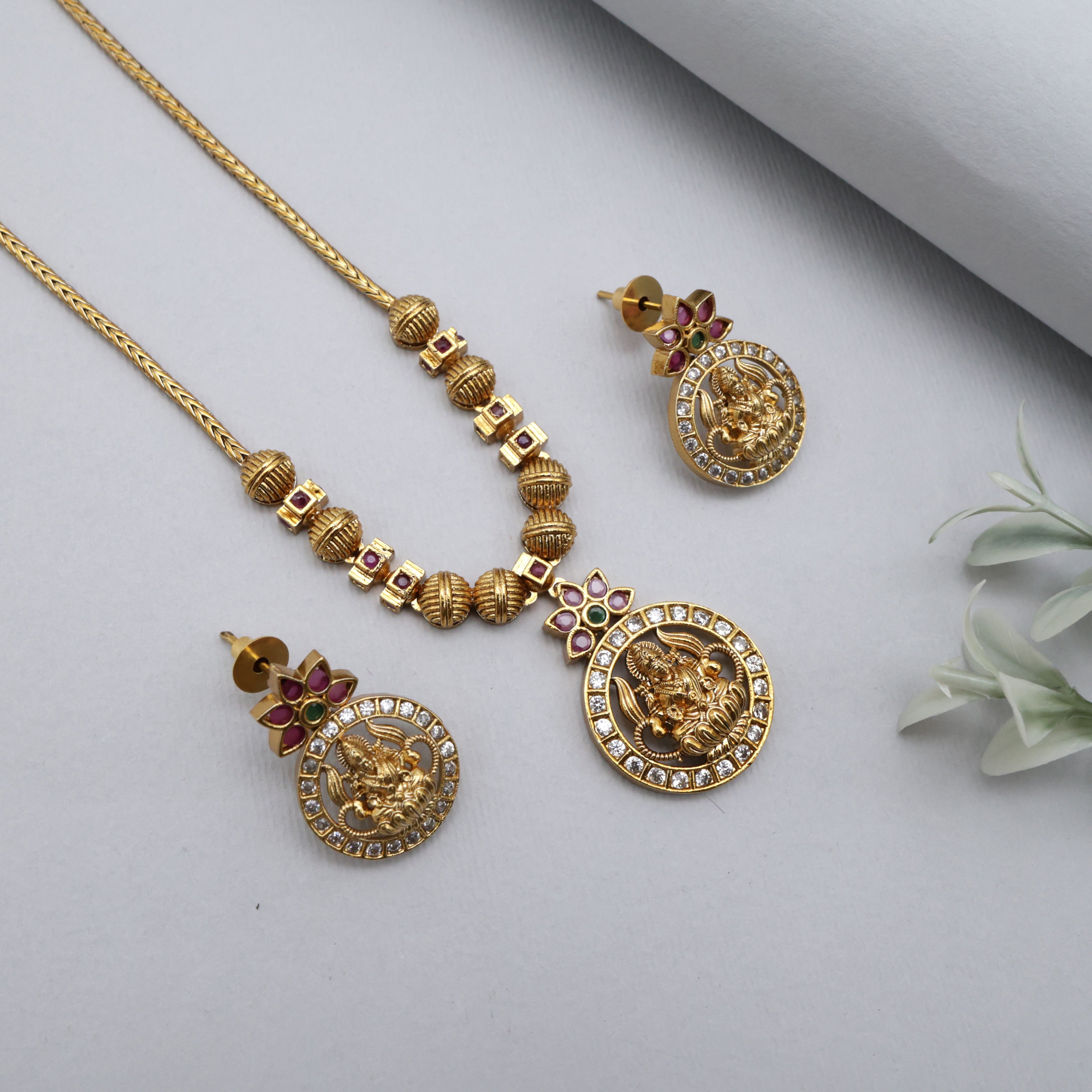 AD Gold Look Lakshmi Pendant Kids Friendly Necklace Set
