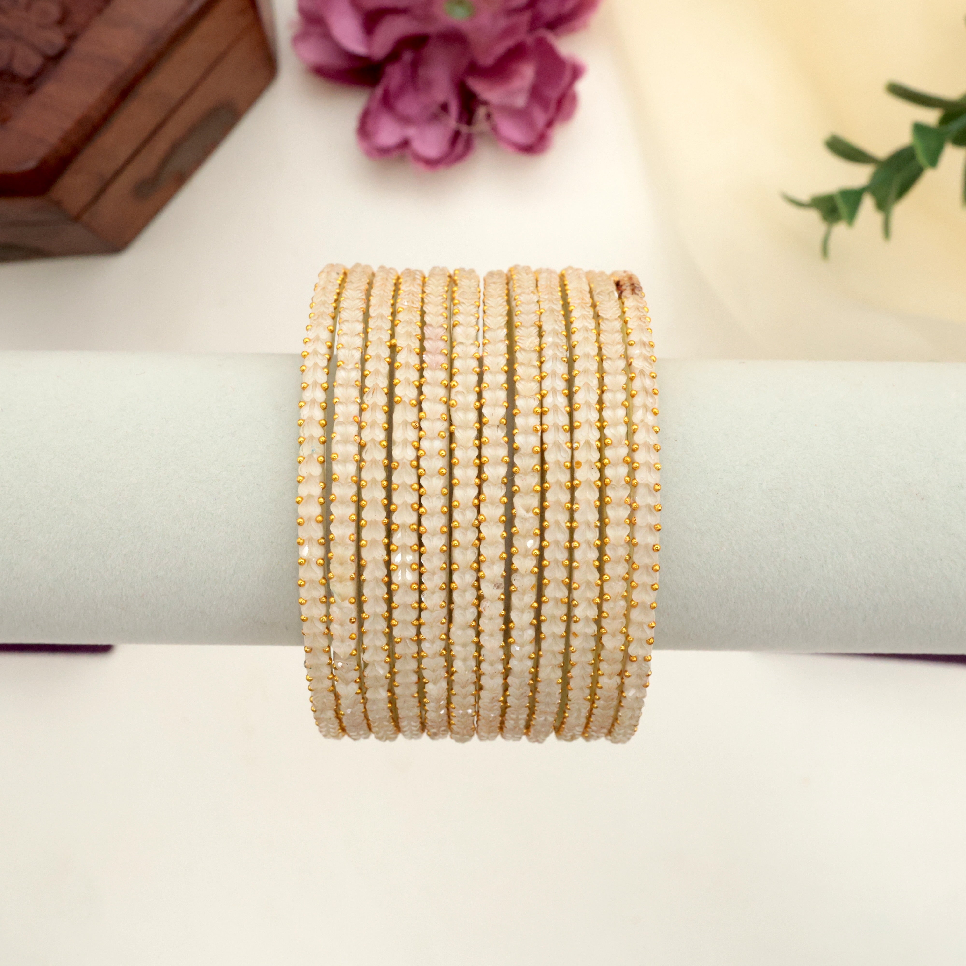 Premium Thick Heart Drop Glass Bangles - Cream