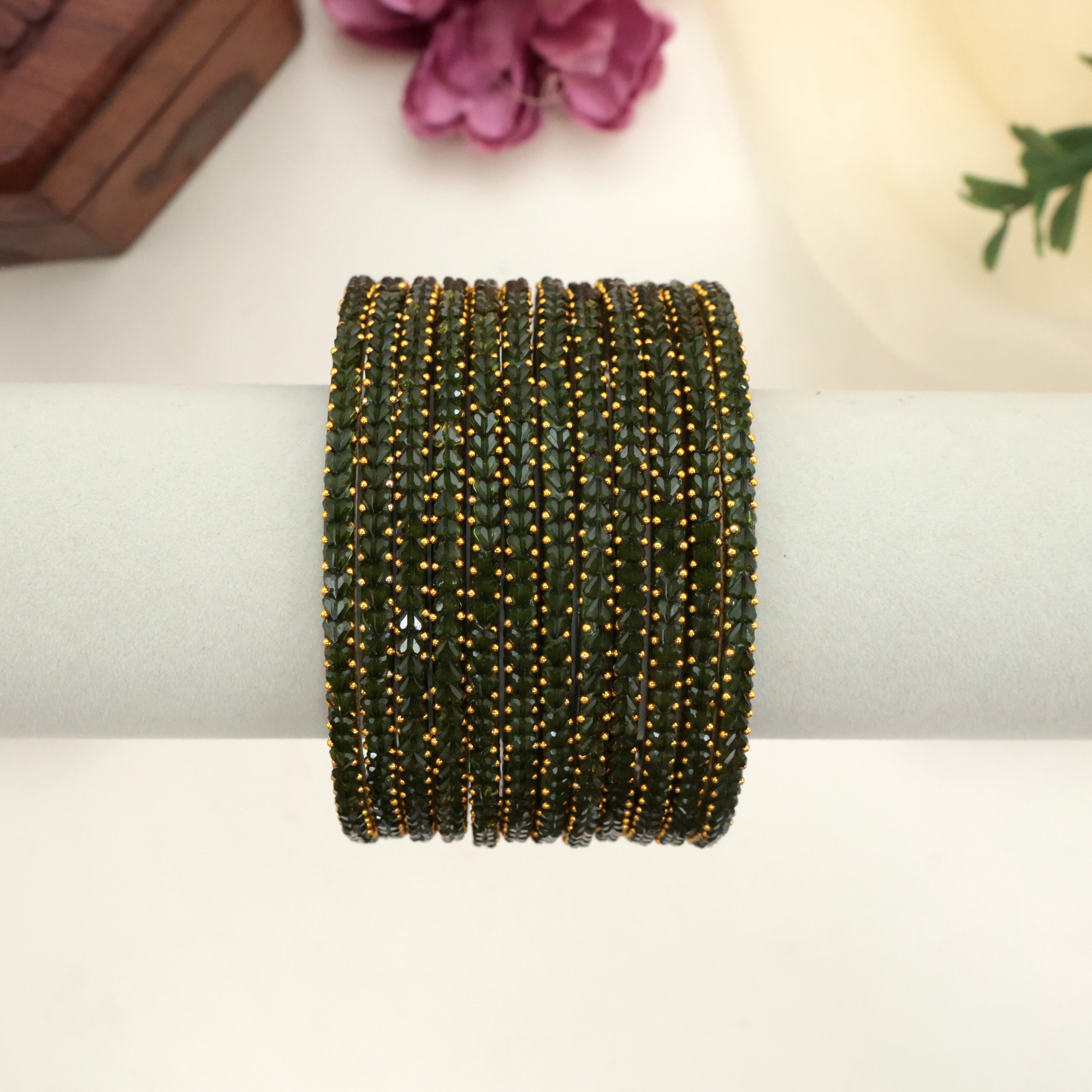 Premium Thick Heart Drop Glass Bangles - Blackish Green
