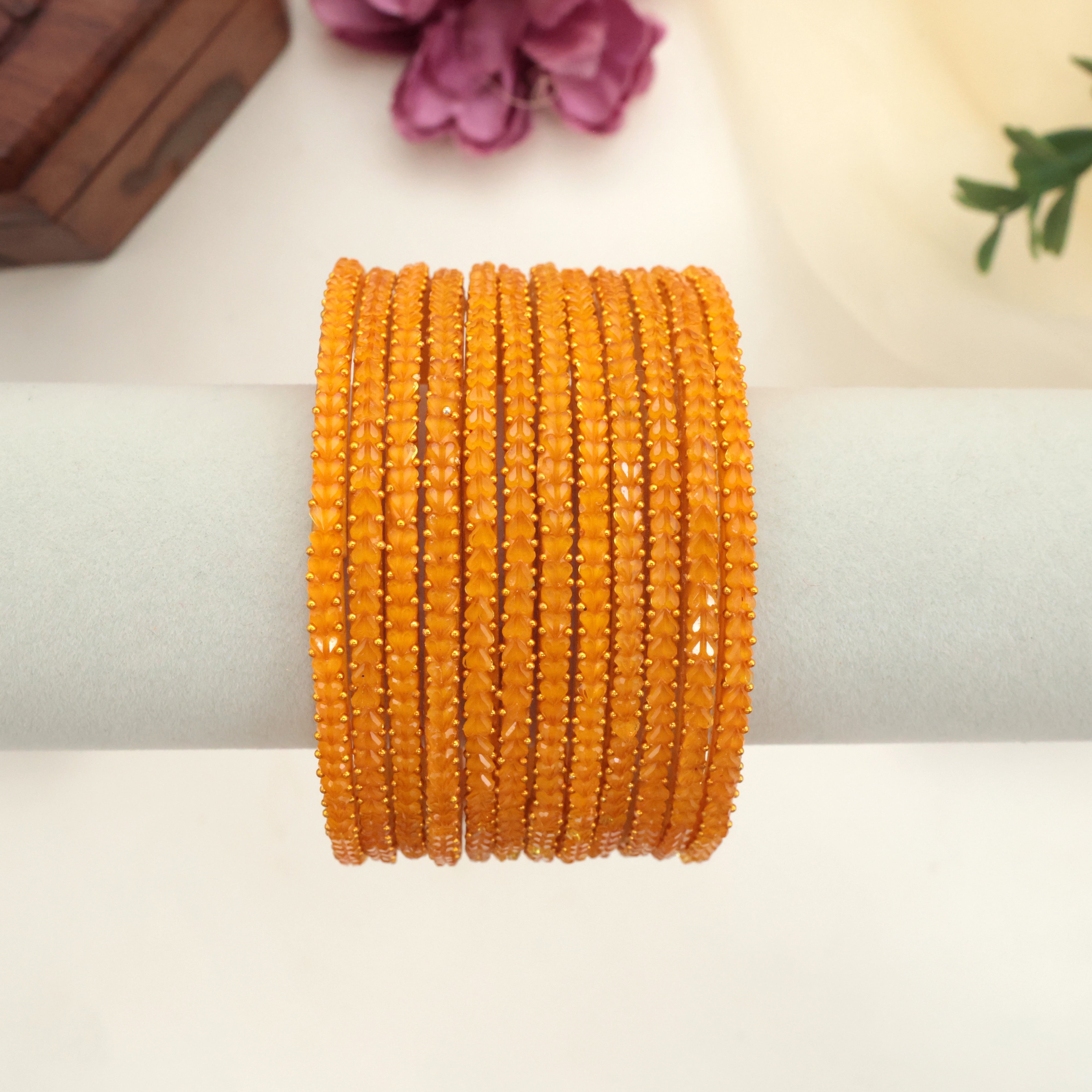 Premium Thick Heart Drop Glass Bangles - Orange
