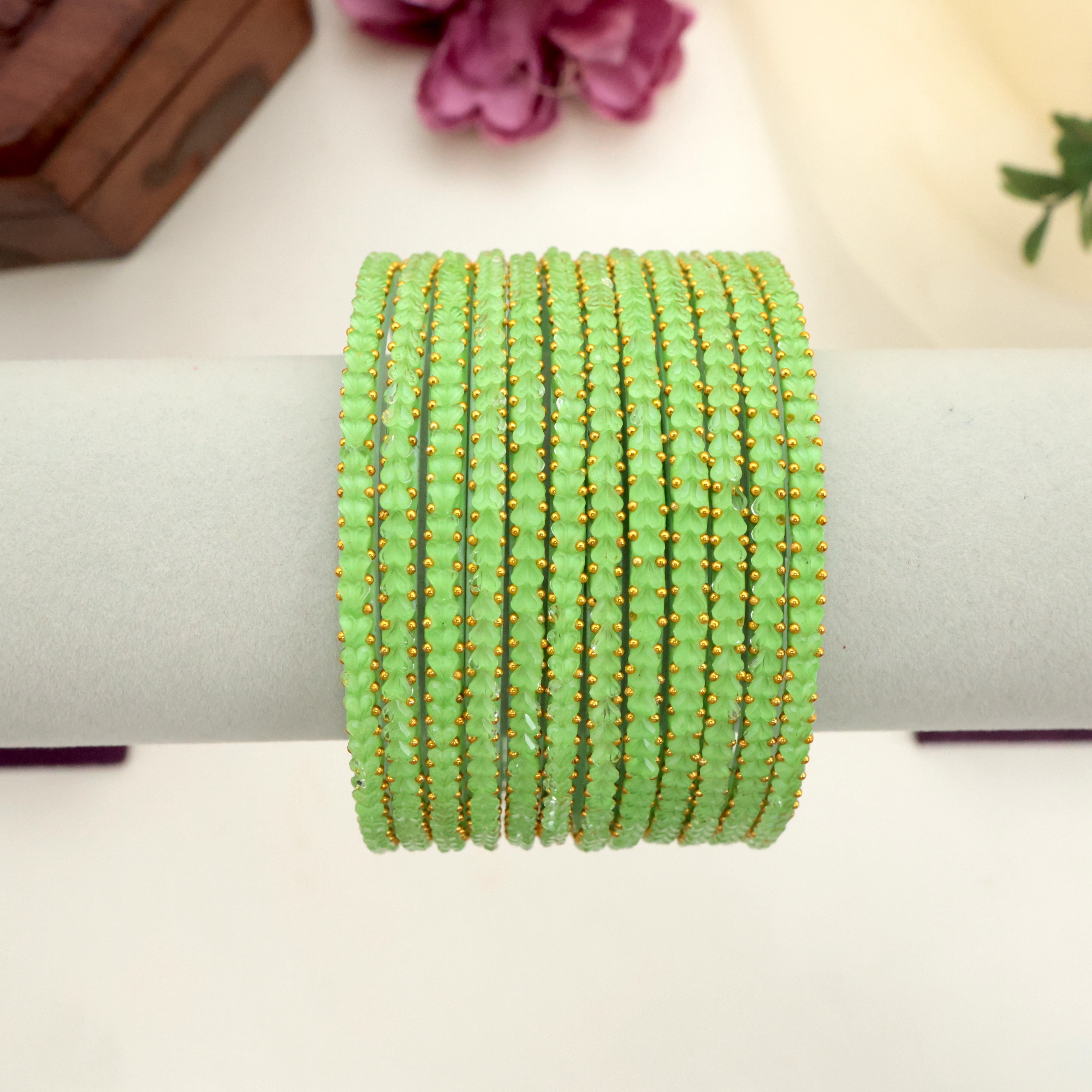 Premium Thick Heart Drop Glass Bangles - Light Green