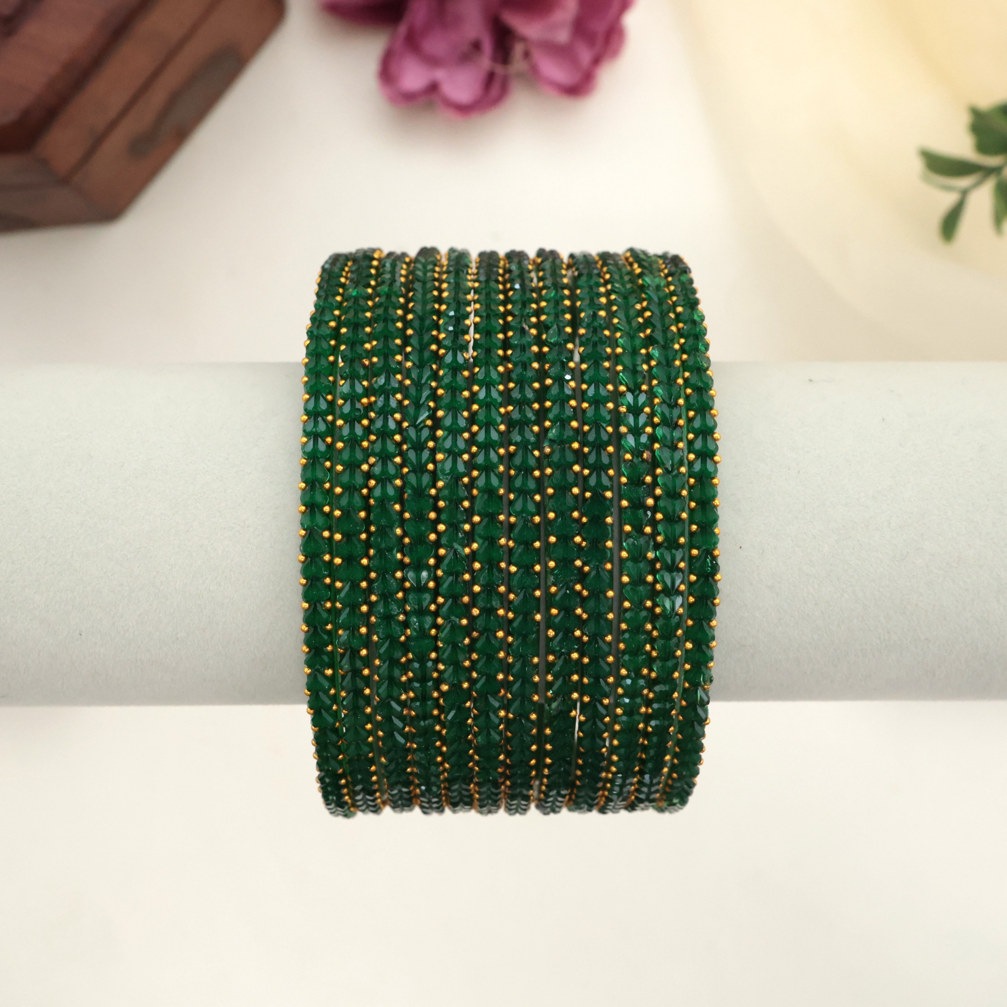 Premium Thick Heart Drop Glass Bangles - Dark Green